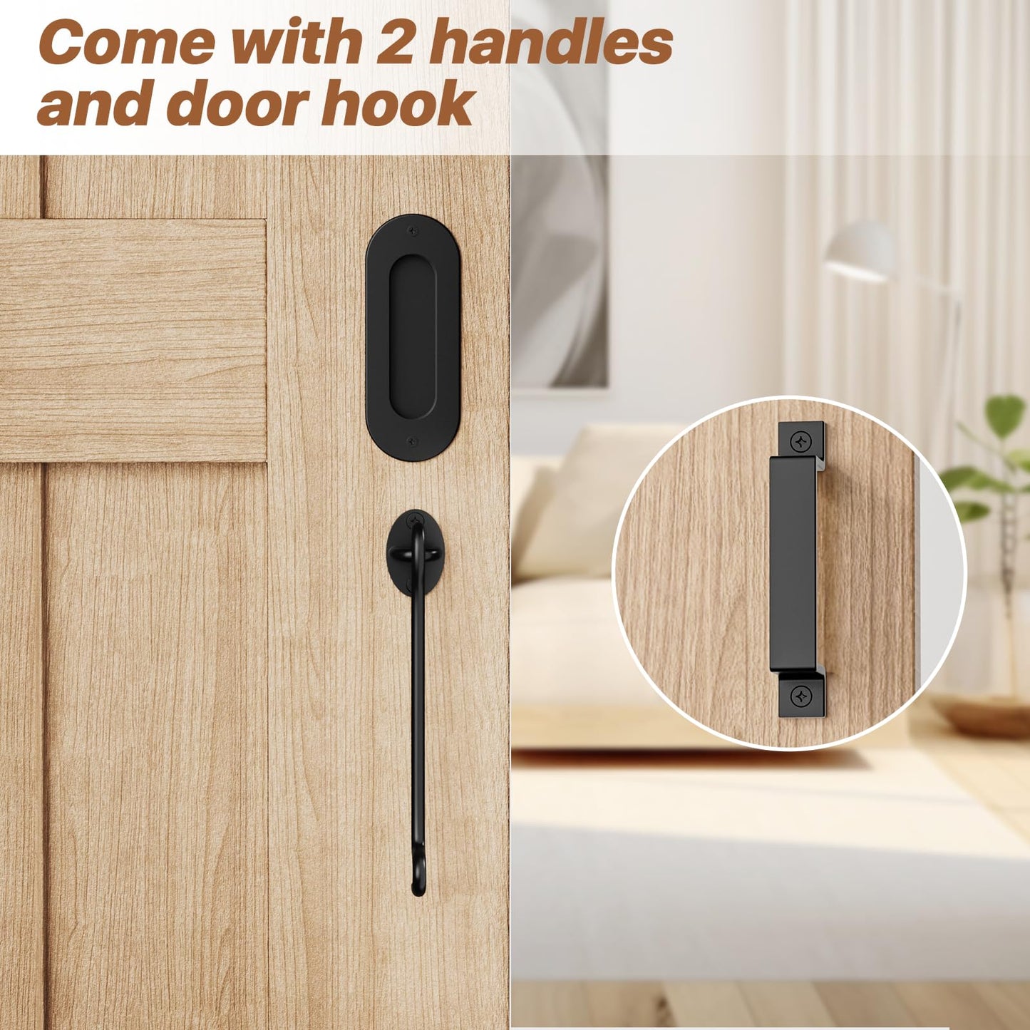 Signstek 8FT Sliding Barn Door Hardware Kit Heavy Duty with Door Hook, Adjustable Floor Guide and 2 Handles -Easy to Install, Smoothly and Quietly, Fit 1 3/8-1 3/4" Thickness -Black, I Shape Hanger