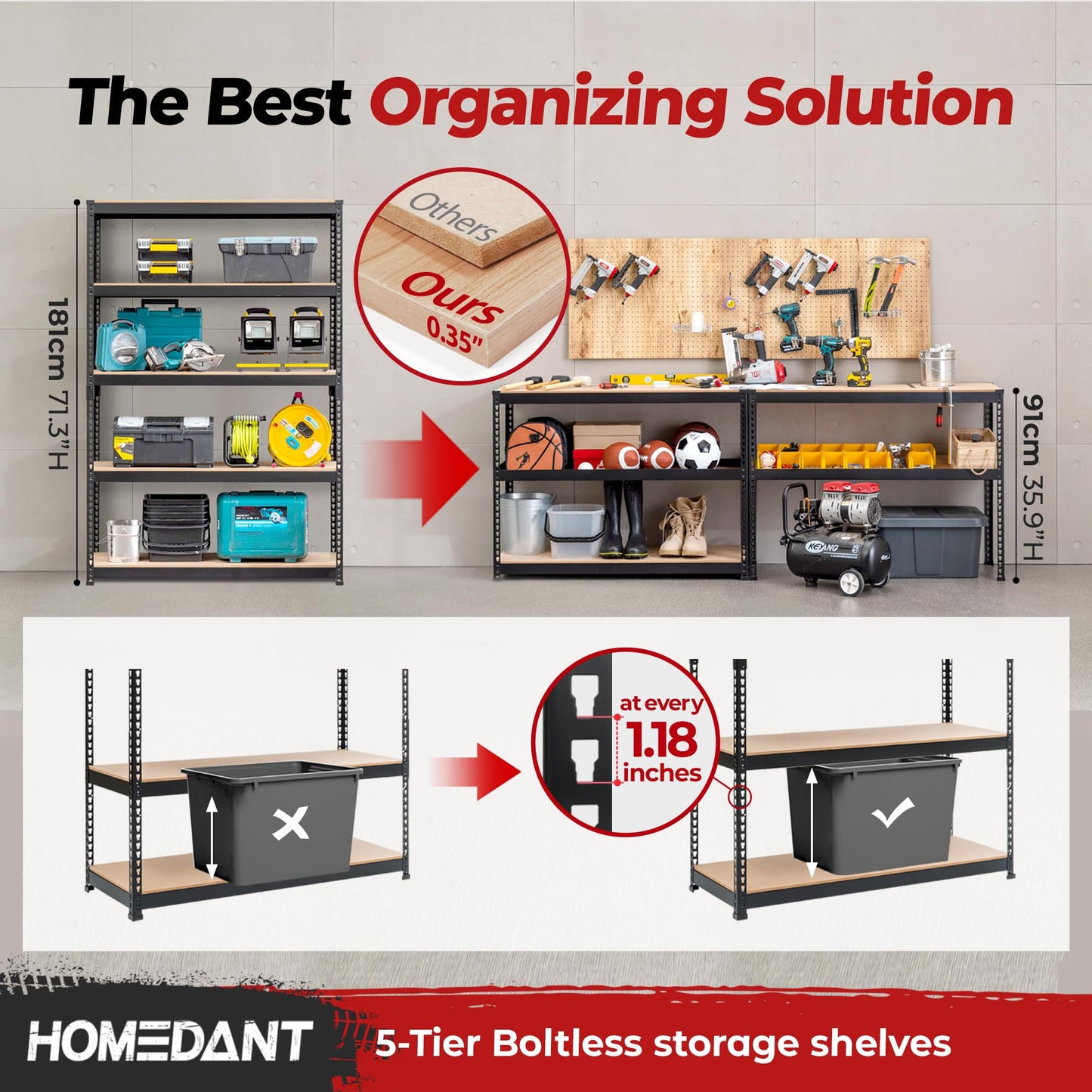 HOMEDANT 47.7" W Deep 5 Tier Heavy Duty Garage Shelving Adjustable Metal Rack Storage Shelves Standing Shelf Unit Organizers Industrial Warehouse Basement Black 1Pack