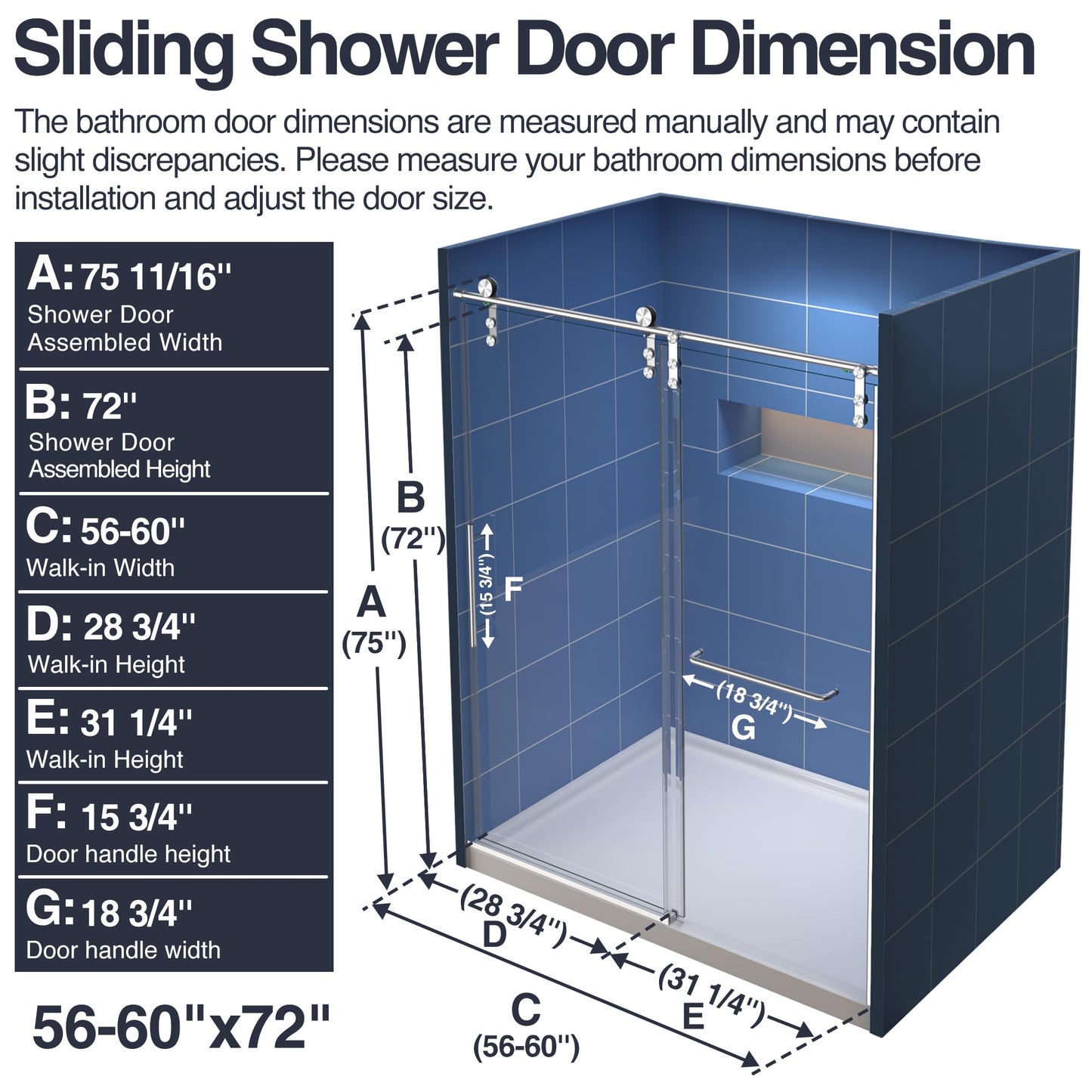 56-60" W x 72" H Frameless Glass Shower Door, 1/4" (6mm) Tempered Glass with Explosion-Proof Film & Nano Coating, Single Sliding Shower Door, Reversible Installation, Brushed Nickel
