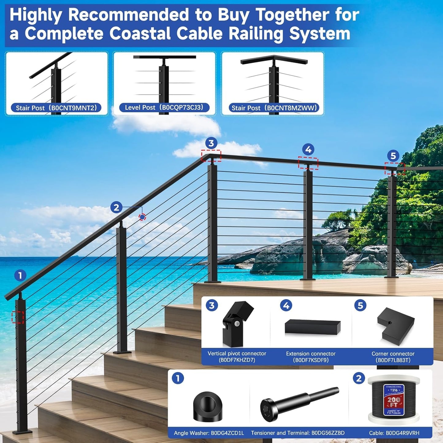 Zylorix 4Pack SS316 Cable Railing Corner Post 36" (Post 35"x2"x2") for Coastal Lake, 90° Drilled Railing Post with Cable Grommets, Adjustable Top Stainless Steel Black Finish L-drilled Staircase Post