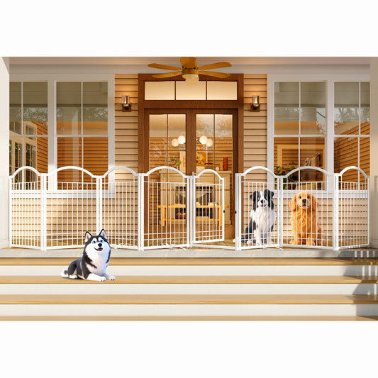 4NM Metal No Drilling Expandable Dog Gate, Extra Wide 192", Extra Tall 32" Free Standing Pet Gate with Door, Gates for Dogs Outdoor or Indoor, with 4PCS Support - White