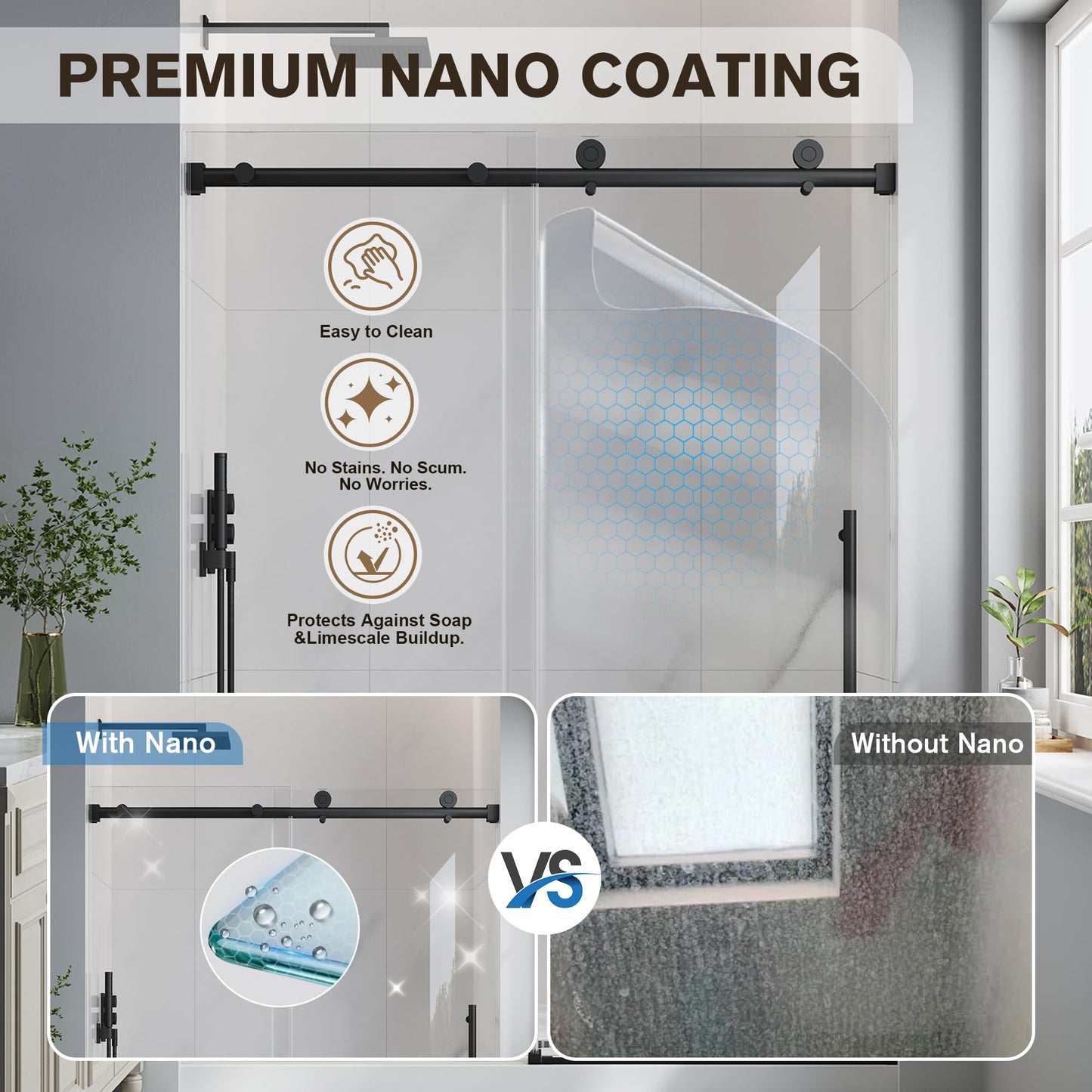 EASYWORC Frameless Glass Shower Door, 43-48" W x 76" H Sliding Frameless Shower Door, 1/4''(6mm) SGCC Tempered Glass, Explosion-Proof Film Nano Coating, Stainless Steel Hardware, Matte Black