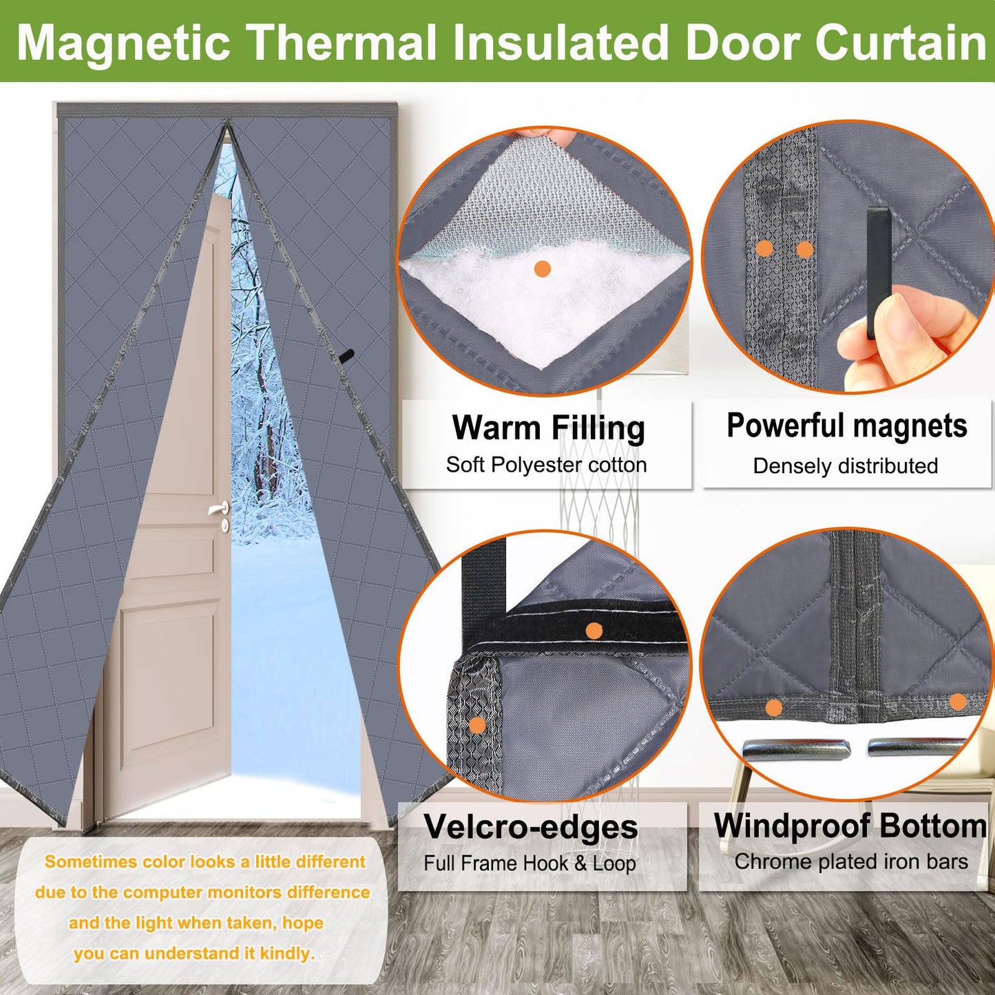 Risareyi Magnetic Thermal Insulated Door Curtain 36x96inch, Grey Oxford Filling with Thicker Polyester, Patio Door Insulation for Winter Cold Protection, Doorway Cover