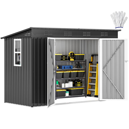 DWVO 8.5x3.5ft Large Tool Storage Shed with Window, Lockable Doors, and Sloped Roof, Oversized Steel Outdoor Storage Shed for Garden, Patio, Garage, Backyard, Lawn - Dark Gray