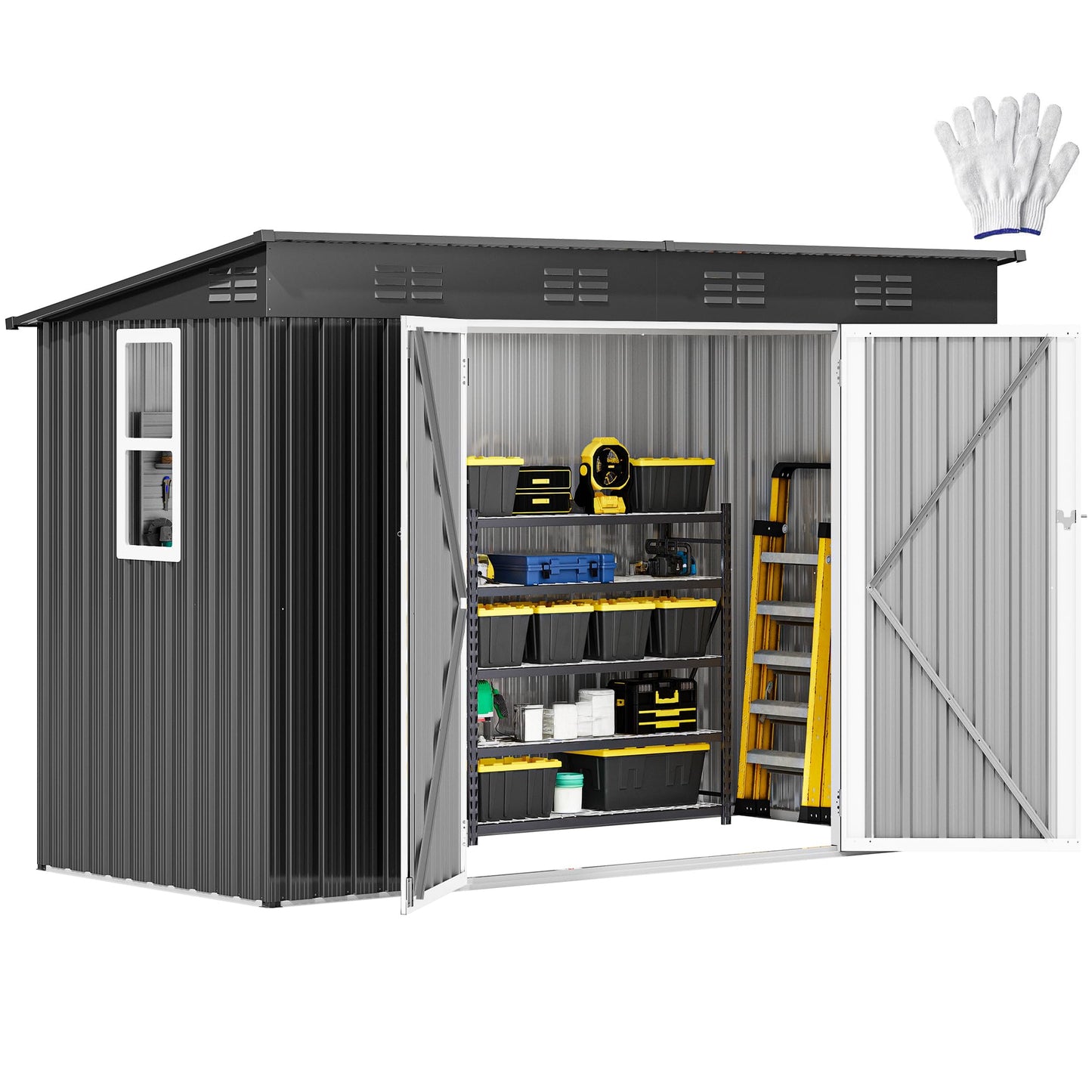 DWVO 9x4ft Metal Outdoor Storage Shed with Window, Lockable Tool Storage Sheds, Oversized Steel Garden Sheds with Sloped Roof for Backyard, Patio, Garage, Lawn, Dark Gray