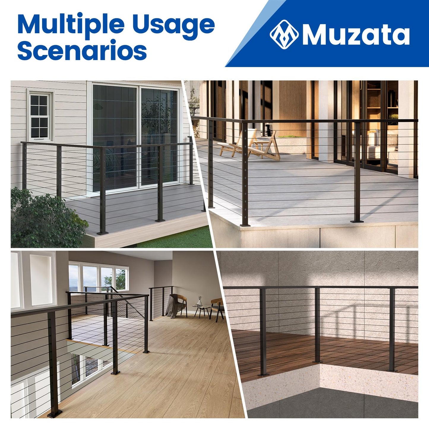 Muzata Black Corner Cable Railing Post 42 Inch 42"x2"x2" T-drilled One-Post Corner Solution Surface Mount Stainless Steel Cable Railing System Kit Indoor Outdoor with Paper User Guide PS02 B34L
