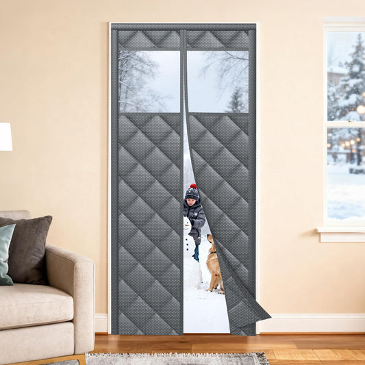 Magnetic Thermal Insulated Door Curtain with Transparent Window Insulated Door Cover Upgraded Oxford Filled with Thicken Cotton Thermal Insulated Curtains for Winter Waterproof and Windproof, Grey