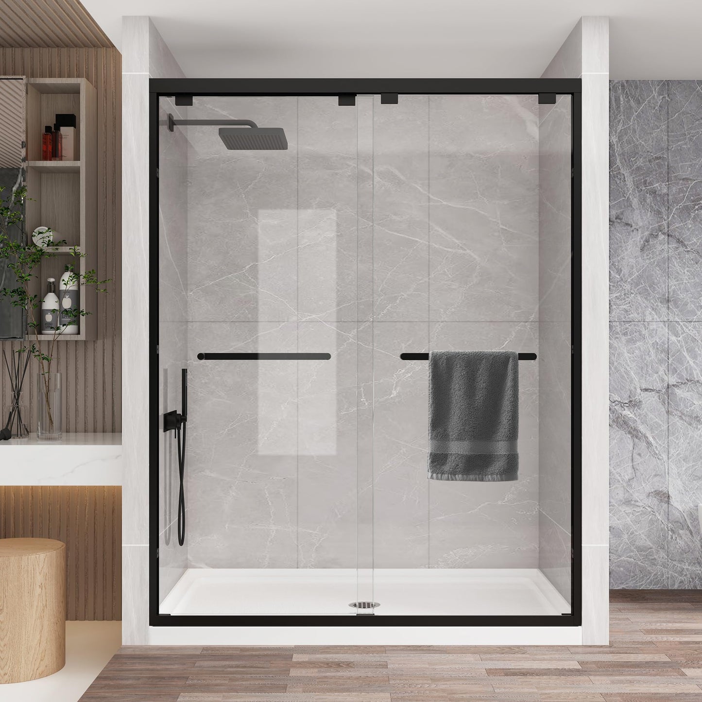KPUY Glass Shower Door, 49-54" W x 76" H Semi-Frameless Double Sliding Shower Door, 1/4" (6mm) Thick Tempered Clear Glass with Explosion-Proof Film Nano Coating, Matte Black