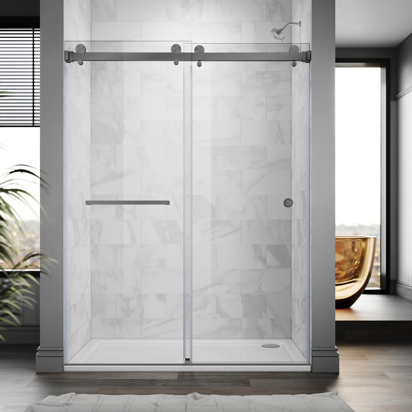 UKD01 61 to 65 in. W x 80 in. H Double Sliding Frameless Shower Doors - Stainless Steel 3/8" (10mm) Certified Tempered Glass 65x80-SG