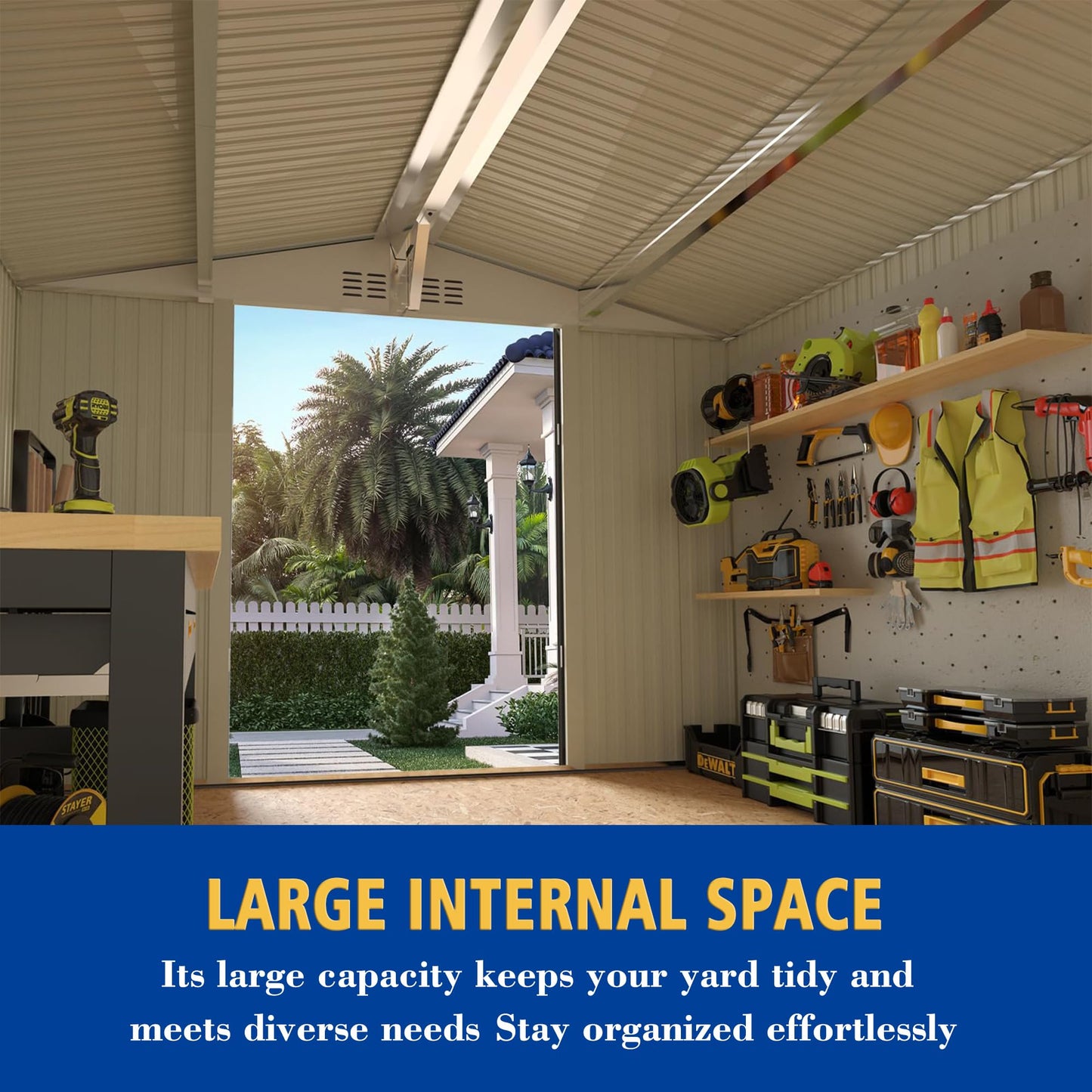 120"x96"x76.4" Metal Storage Shed Outdoor Garden Tool Shed, Galvanized Steel Lockable Backyard Organizer, Double Door Utility Shed with Windows for Lawn Equipment, Bikes, Patio & Backyard Storage