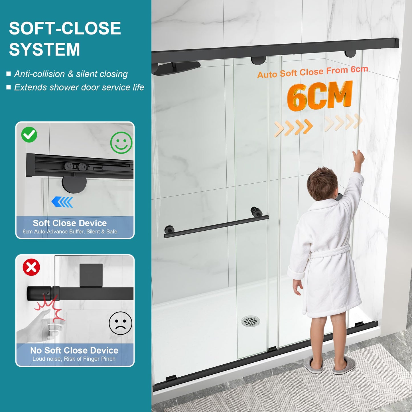 Frameless Shower Door with Soft-Close & Anti-Leak,5/16" (8mm) Double Sliding Shower Door,Nano Coating Anti-Explosion Film SGCC Tempered Glass 55"- 60" W x 76" H,Matte Black