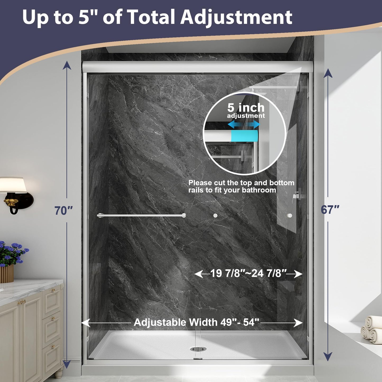 EASYWORC Double Sliding Shower Door, 49"-54" W x 70" H Semi-Frameless Glass Shower Door, 1/4'' (6mm) Clear SGCC Tempered Glass with Explosion-Proof Film and Nano Coating, Brushed Nickel