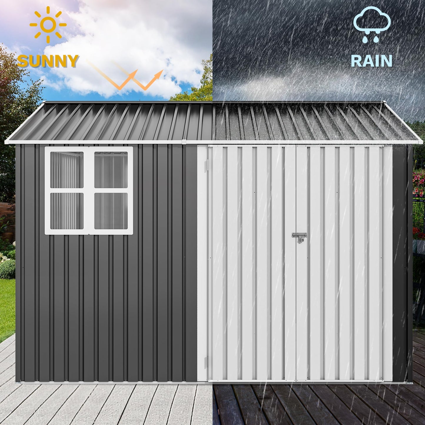 DWVO 10x8ft Metal Outdoor Storage Shed with Window, Lockable Tool Storage Sheds, Oversized Steel Garden Sheds with Sloped Roof for Backyard, Patio, Garage, Lawn (Gray + White)
