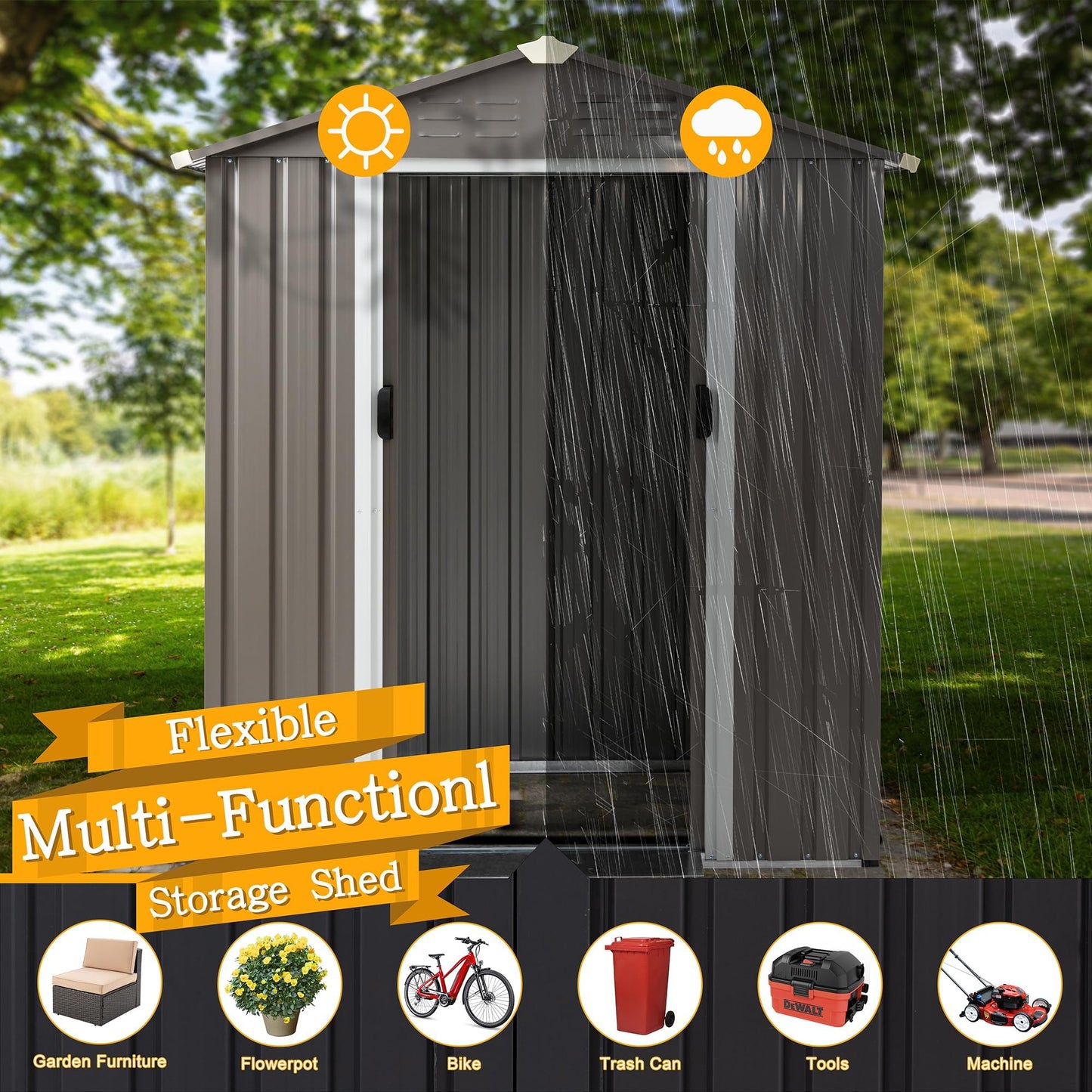 Shintenchi 5x3 FT Outdoor Storage Shed with Window, Lockable Outdoor Waterproof Tool Storage Sheds, Weather Resistant Tool Storage House Shed for Garden, Backyard, Patio Utility Tool Storage,Dark Gray