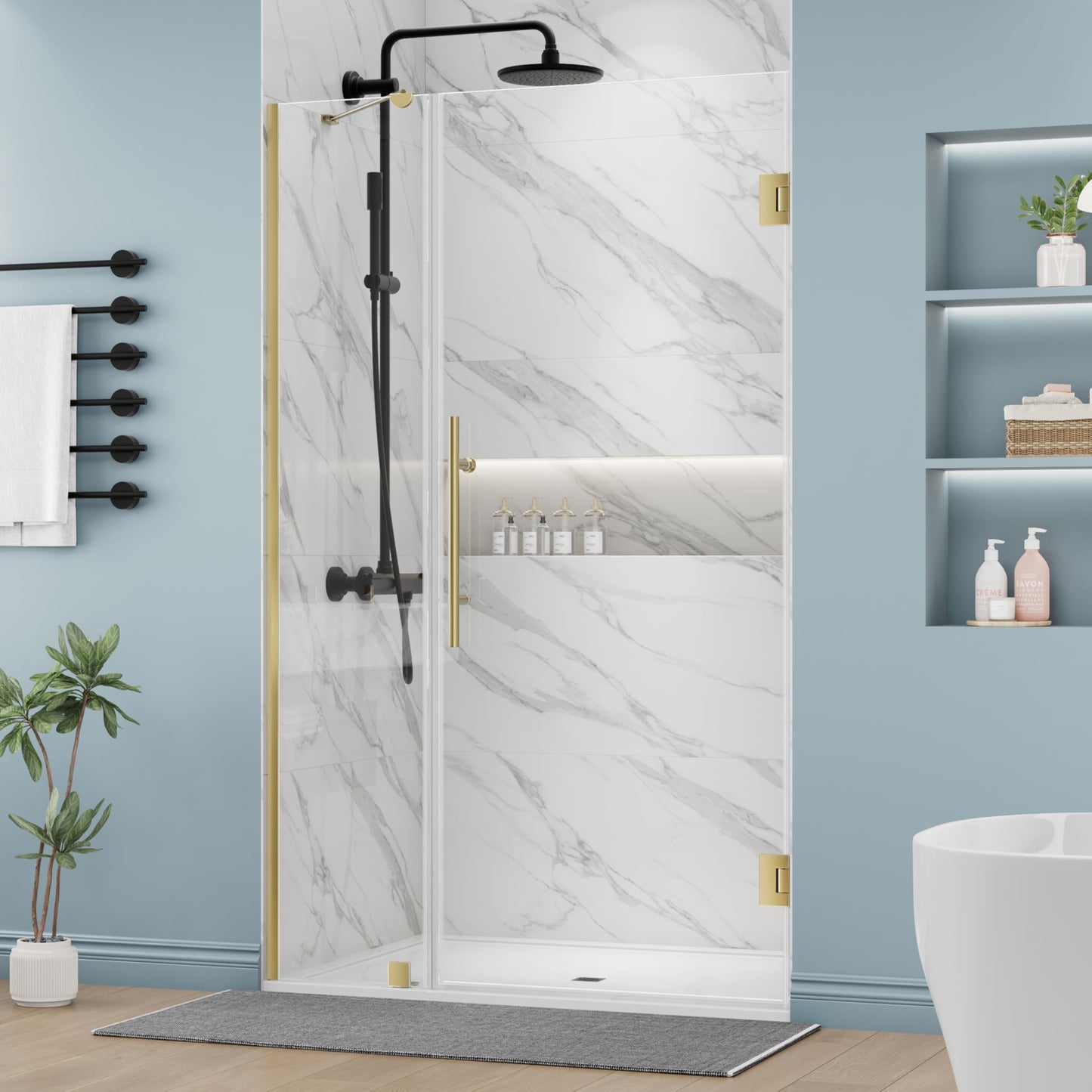 DELAVIN 40-40.5" W x 72" H Frameless Glass Shower Door Adjustable, Hinged Shower Door with Ultra Clear Tempered Glass, Explosion-Proof Film, Pivot Shower Door with Seal Strip and Handle, Gold