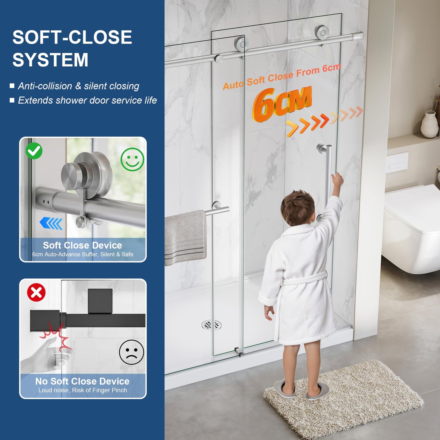 Frameless Shower Door,5/16" (8mm) Glass Sliding Shower Door with Soft-Close & Anti-Leak,Nano Coating Anti-Explosion Film SGCC Tempered Glass 43"-48" X 76"H,Brushed Nickel