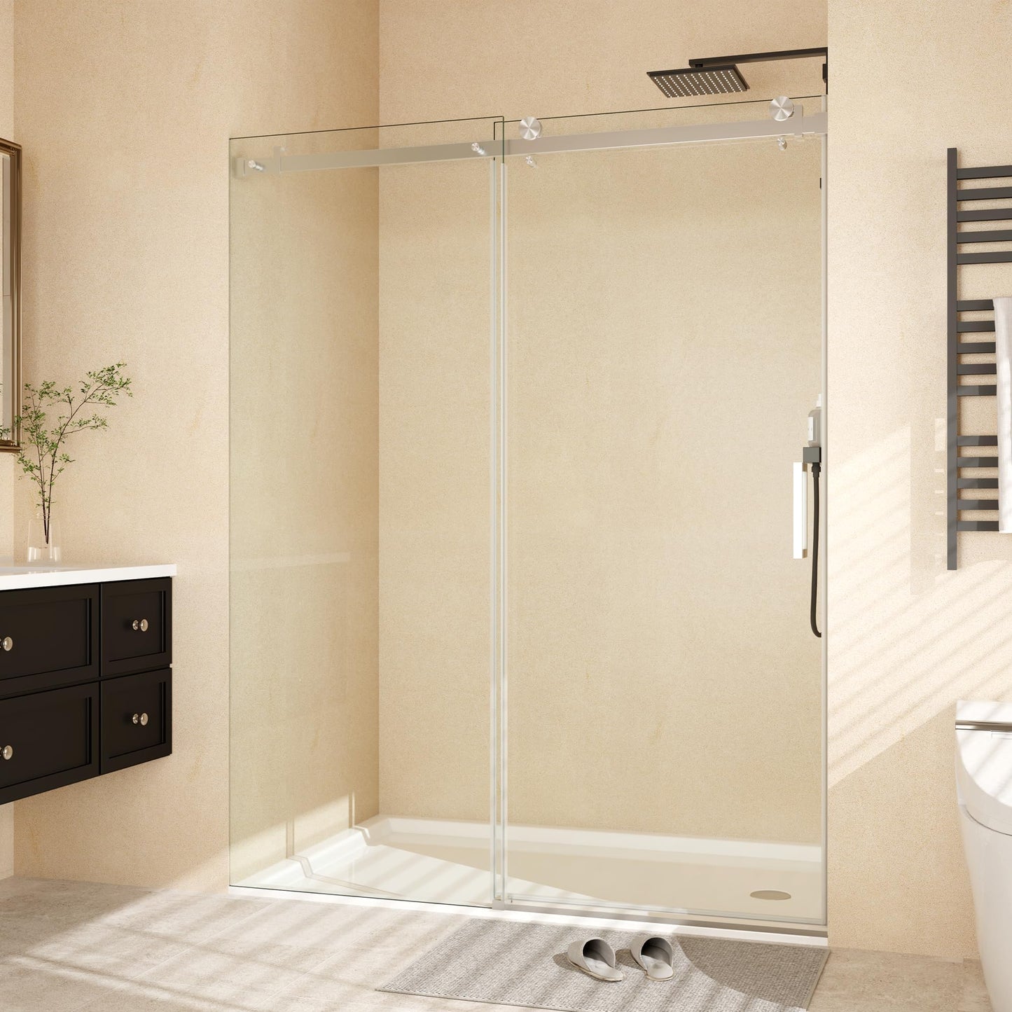 Frameless Sliding Shower Door,56-60" W x 76" H Shower Doors, Sliding Glass Door 1/4" Clear Tempered Glass with Explosion-Proof Film, Handle and Seal Strip for Bathroom，Silver