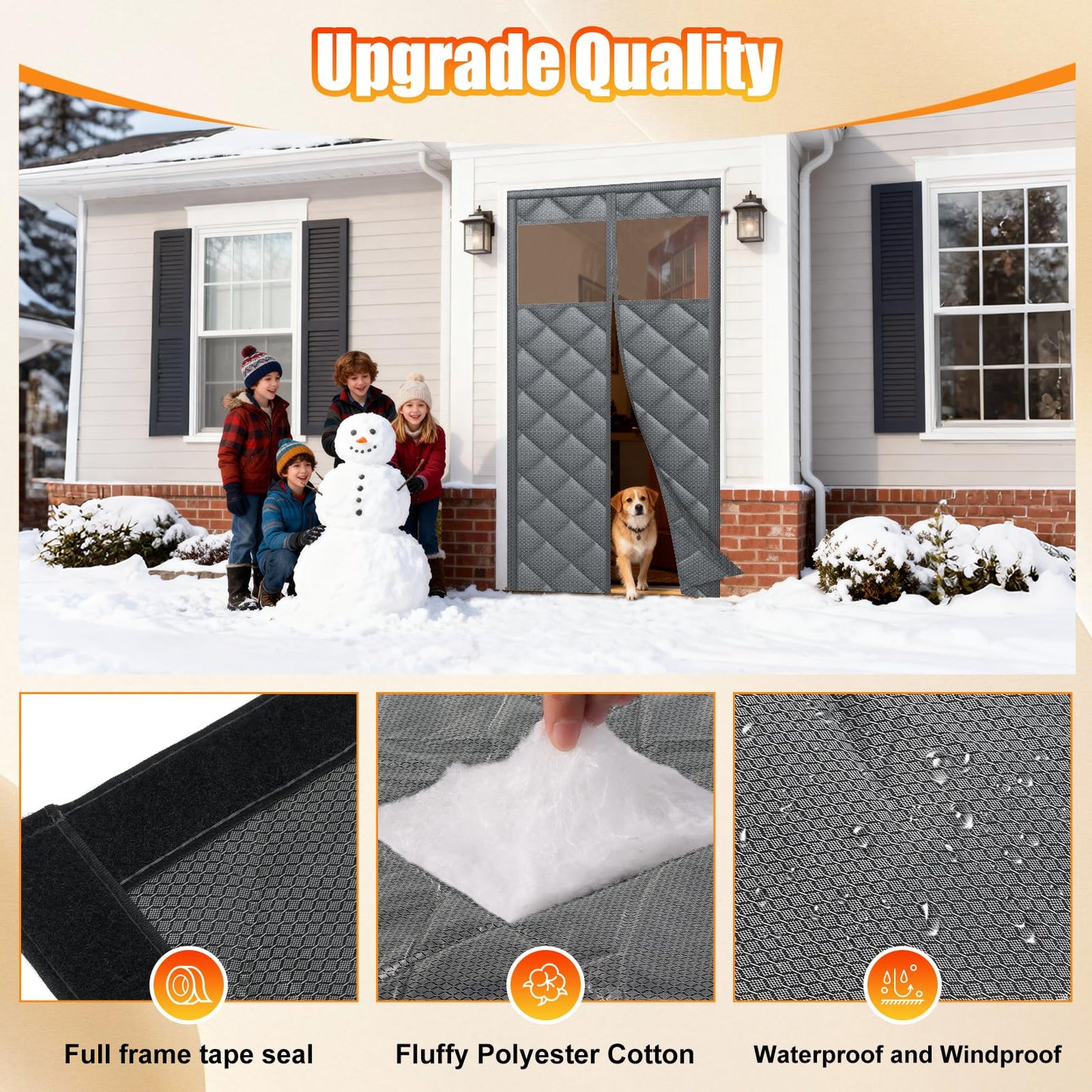 Magnetic Thermal Insulated Door Curtain with Transparent Window Insulated Door Cover Upgraded Oxford Filled with Thicken Cotton Thermal Insulated Curtains for Winter Waterproof and Windproof, Grey