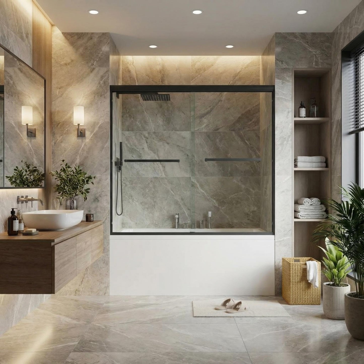 Shower Doors Glass Sliding 56-60 Inch W× 59 Inch H Matte Black Frame Sliding Glass Door for Bathtub, 6mm Tempered Glass Panels, Compact Shower Enclosure for Urban Bathroom Projects