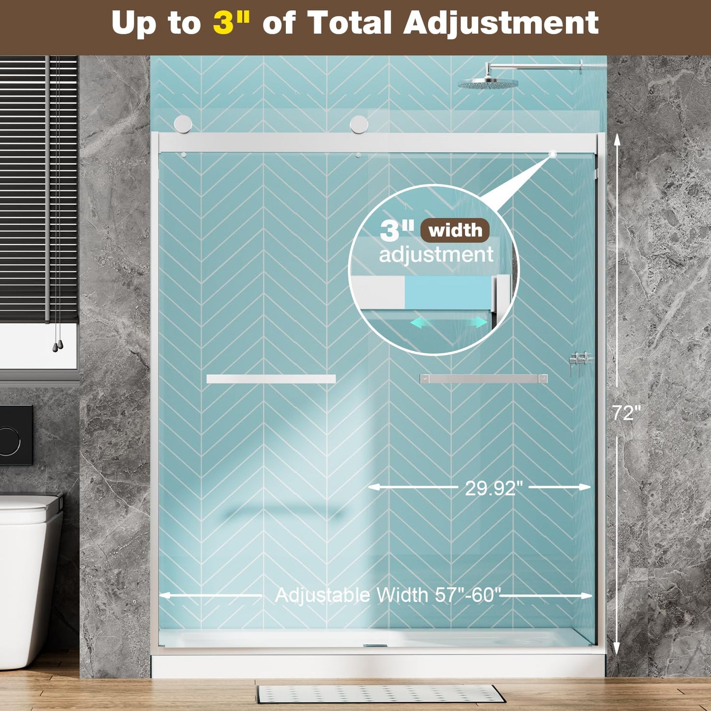 Sliding Shower Door, 57-60" W x 72" H Glass Shower Door, 5/16" (8mm) SGCC Clear Tempered Glass, Quiet Soft-Close, Explosion-Proof Film Nano Coating (Silver)