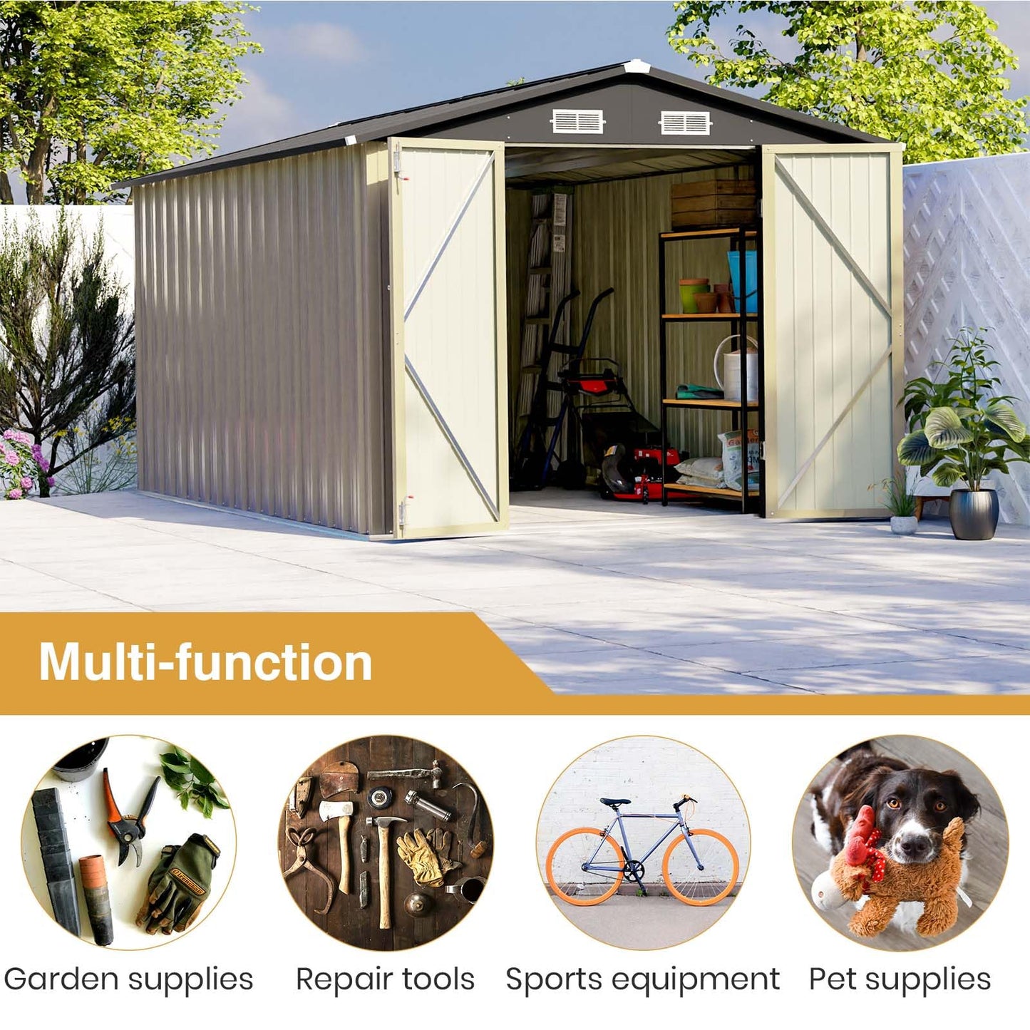 Patiowell 12 x 8 FT Outdoor Storage Shed, Steel Shed Storage House with Design of Lockable Doors, Utility and Tool Storage for Garden, Patio, Backyard, Outside use, Brown