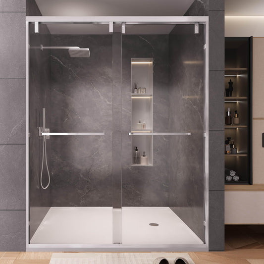 Dyvalis 49-54" W x 76" H Semi-Frameless Double Sliding Shower Door, 1/4" (6mm) SGCC Tempered Clear Glass with Easy-Clean Coating, Bypass Glass Shower Doors, Brushed Nickel