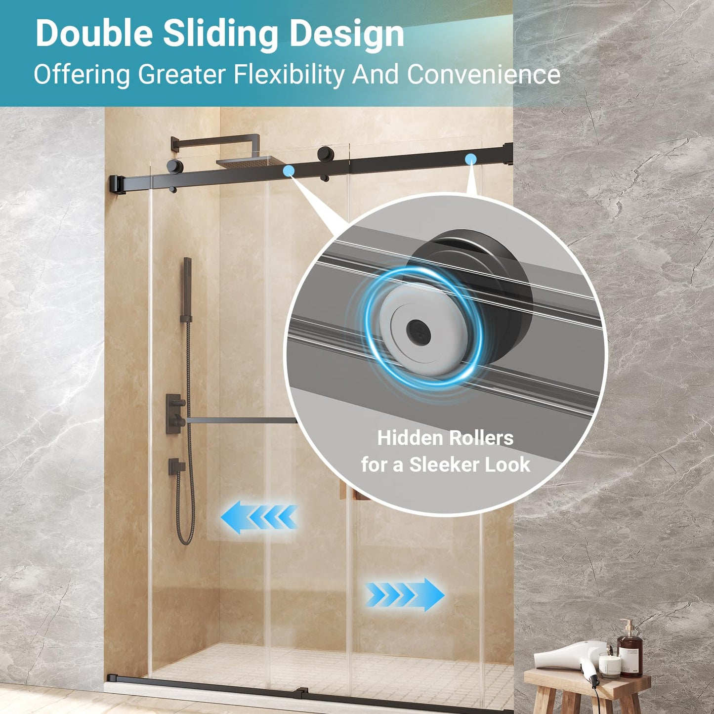 BATHWILLER 44"-48" W x 76" H Double Sliding Shower Door, 5/16" (8mm) Clear Tempered Glass Frameless Shower Door with Nano Easy Clean Coating, Stainless Steel Hardware, Matte Black
