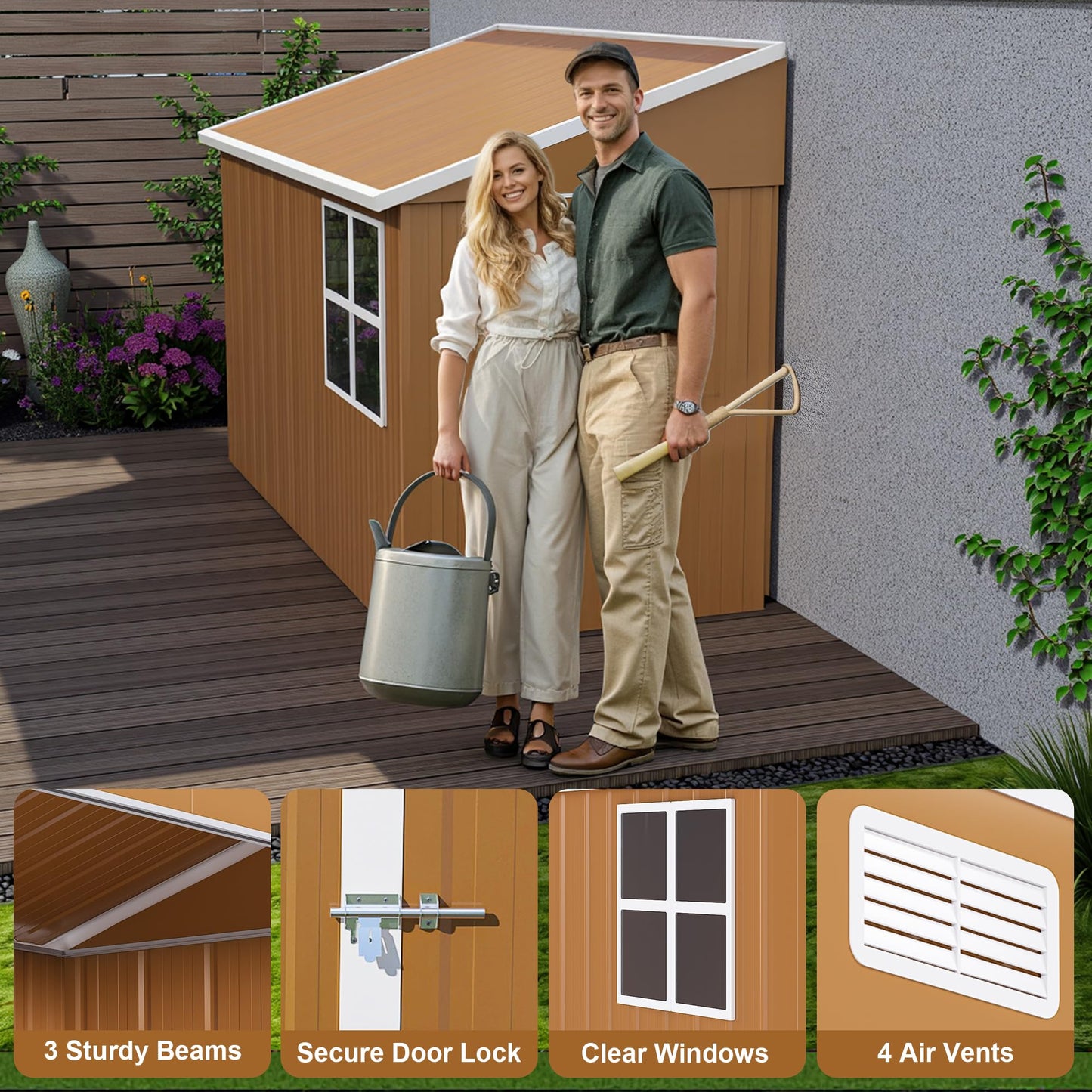 YOPTO 8x4 FT Sheds & Outdoor Storage,Heavy-Duty Metal Steel Shed with Windows and Weatherproof Sloped Roof,Waterproof Tool Sheds w/Lockable Door & Ventilation,for Garden,Lawn,Brown