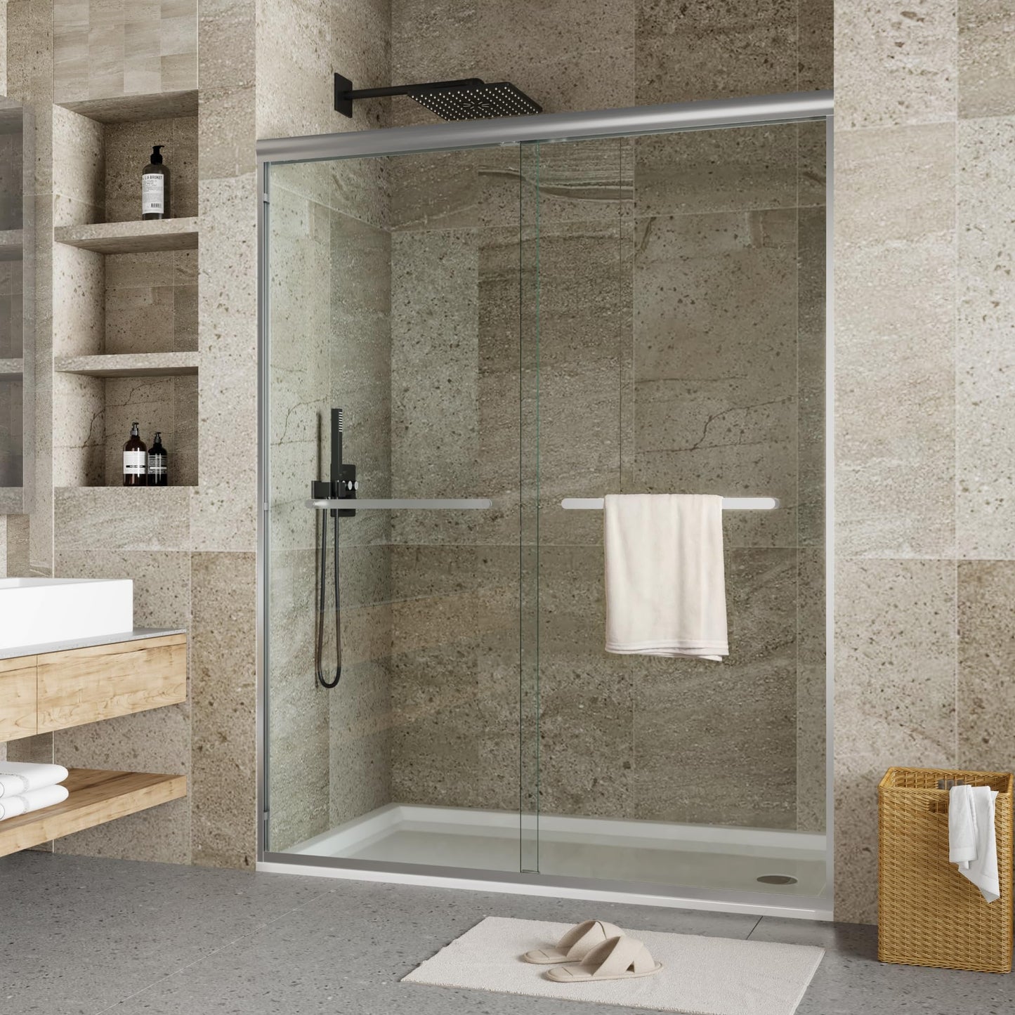 GarveeTech 44" - 48" W x 72" H Semi-Frameless Double Sliding Shower Door, Bypass Walk-in Shower Enclosure with 1/4" Tempered Glass, Silver Finish