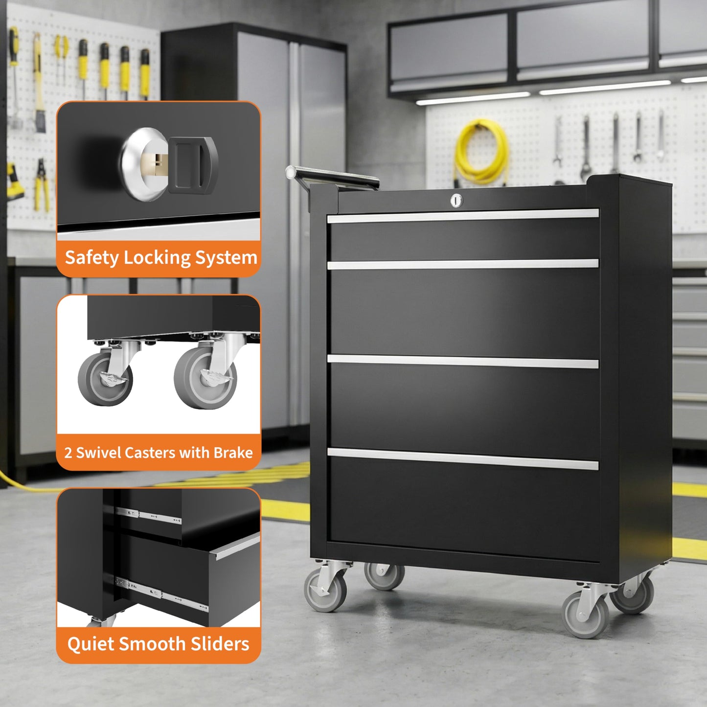 IDEALHOUSE Rolling Tool Chest, 4 Drawers Tool Storage Cabinet, Toolbox with Wheels, Portable Tool Cabinet Organizer with Locking System & Drawer Liners, Tool Storage Cart for Garage, Workshop, Black