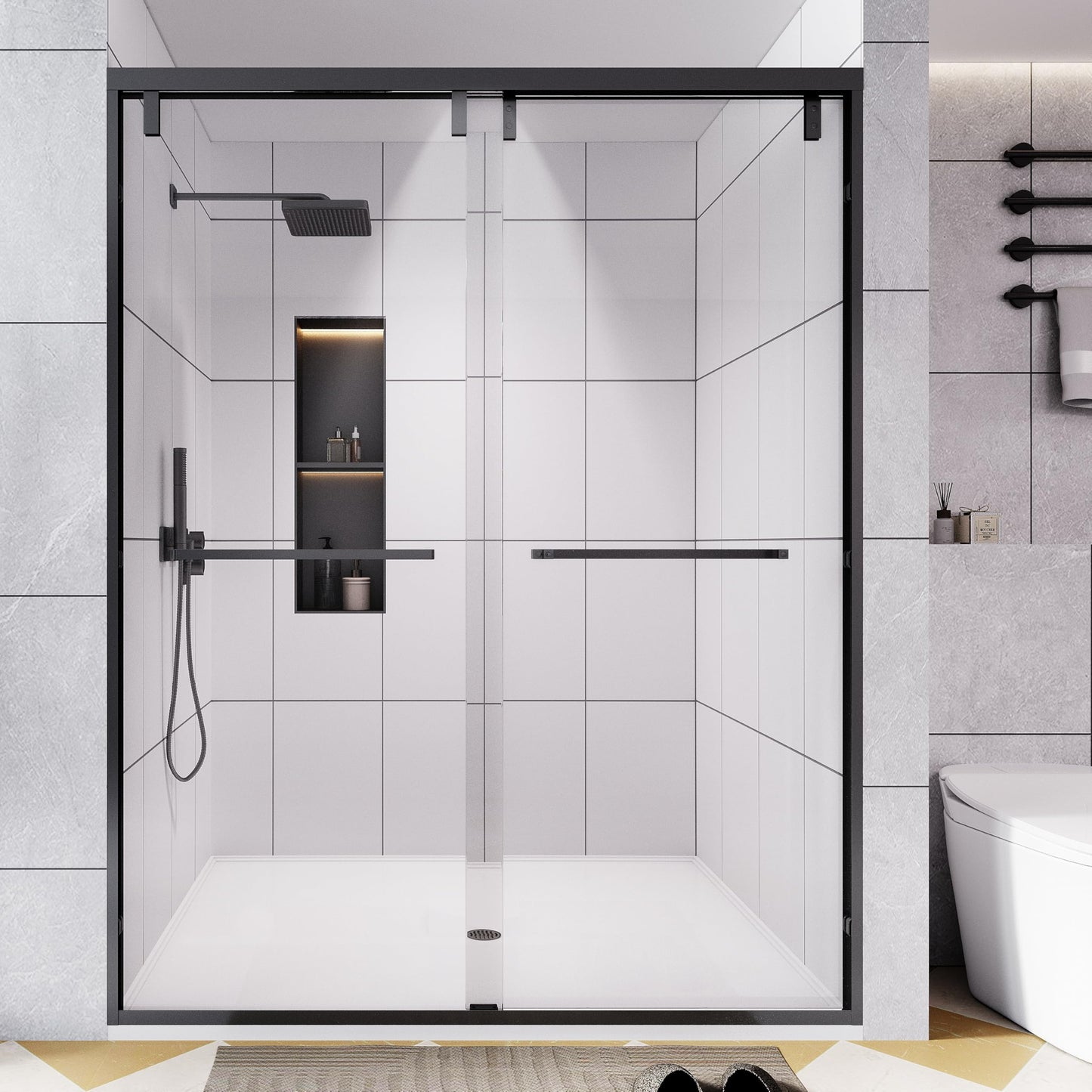 Dyvalis 49-54" W x 76" H Semi-Frameless Double Sliding Shower Door, 1/4" (6mm) SGCC Tempered Clear Glass with Easy-Clean Coating, Bypass Glass Shower Doors, Matte Black