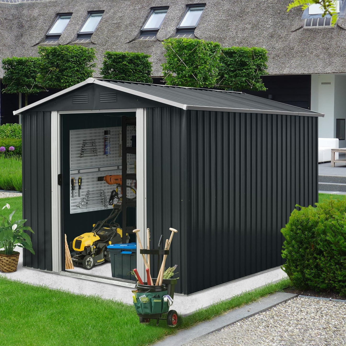 Ball & Cast 8x10 Outdoor Metal Storage Shed with Floor Base and Vents,Galvanized Tool Cabinet w/Sliding Doors & Padlock,Waterproof House Shelter for Backyard Lawn Patio,Garden,Black