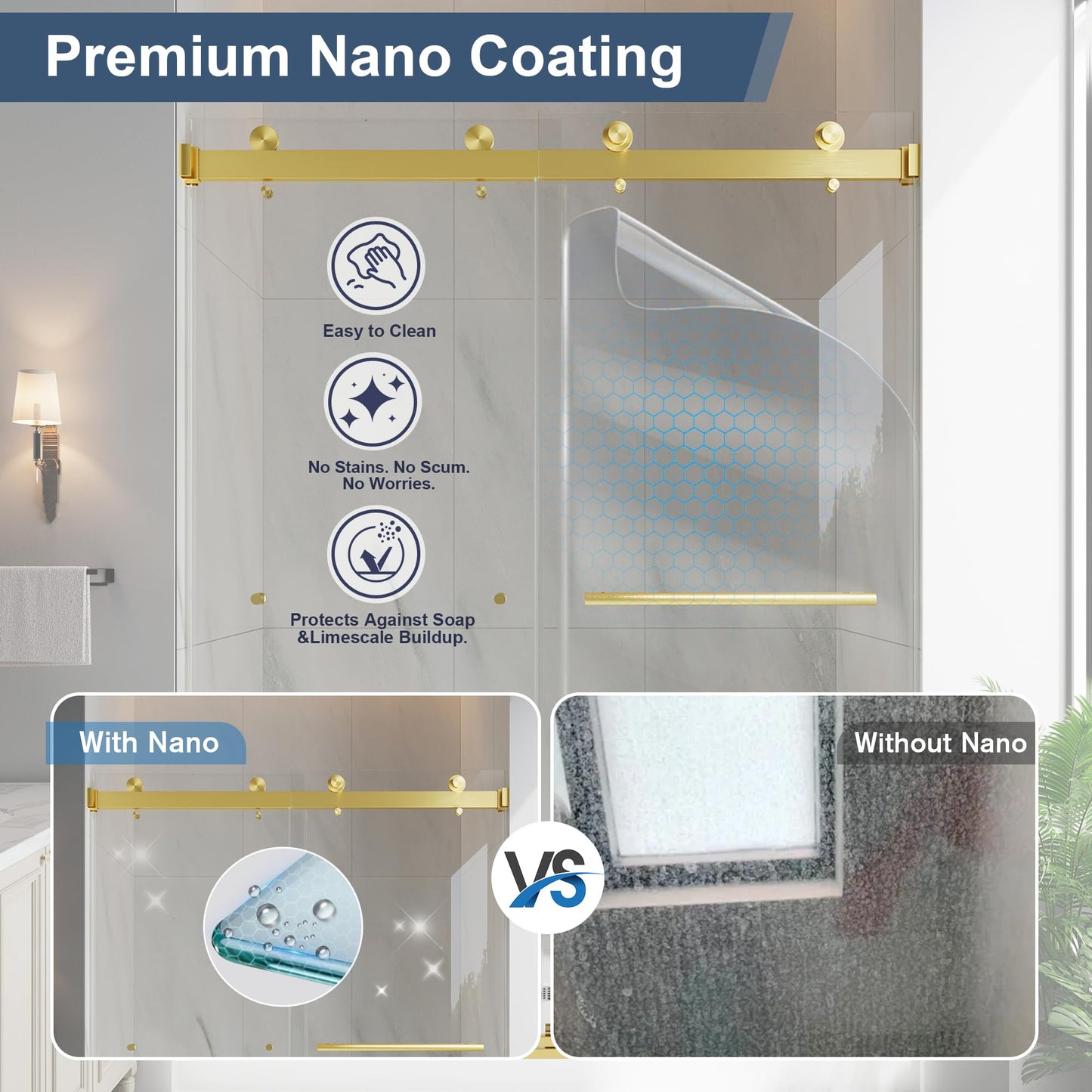 EASYWORC Frameless Double Sliding Shower Doors, 49-54" W x 76" H Shower Glass Door, 1/4" (6mm) Thick ANSI Certified Tempered Glass with Explosion-Proof Film and Nano Coating, Brushed Gold
