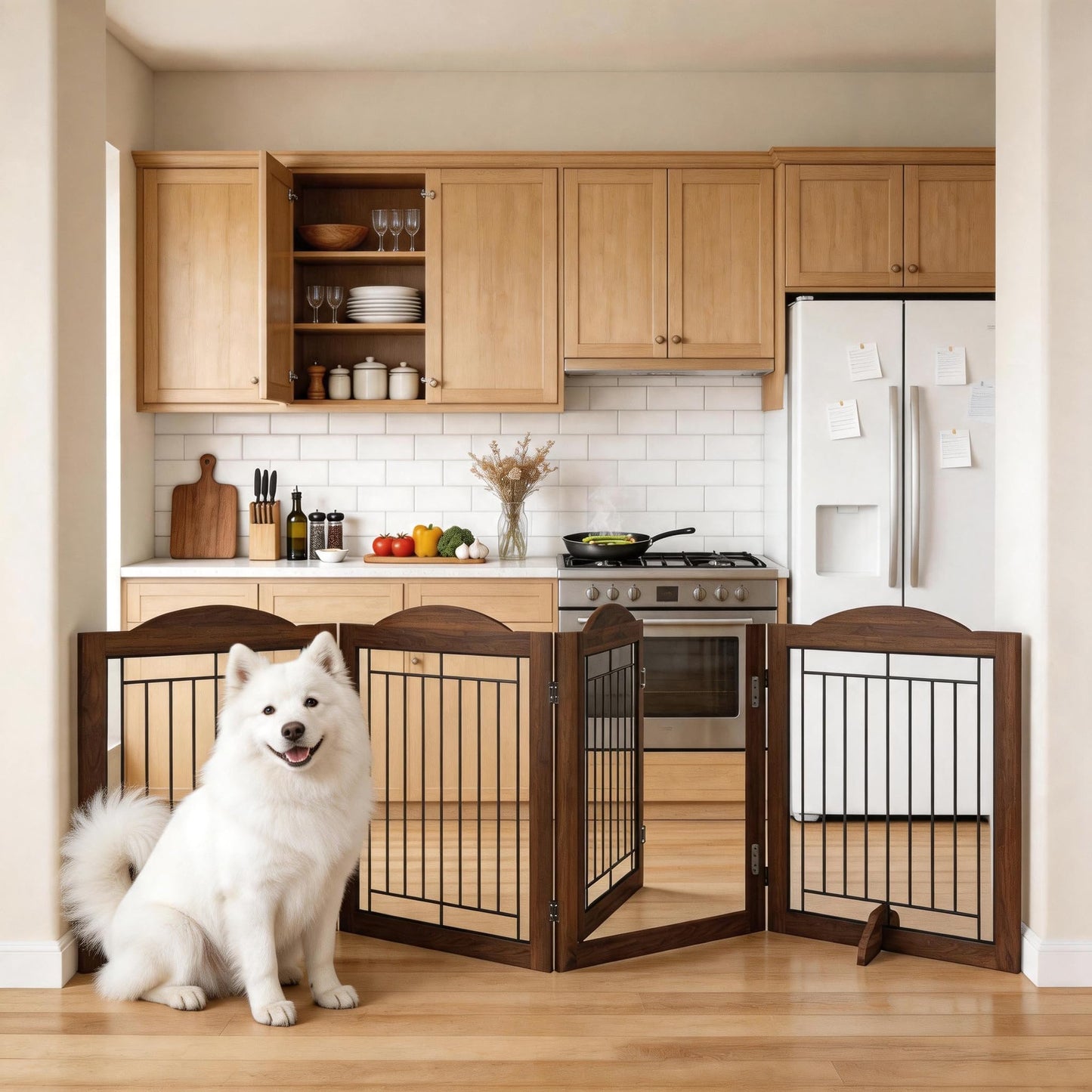 Vantas Folding No-Assembly Dog Door Pet Gate 96" Wide, 30" Tall Wooden Dog Gate with Door Walk Through, Freestanding Wire Pet Gate, Pet Puppy Safety Fence, with 2PCS Support – Brown