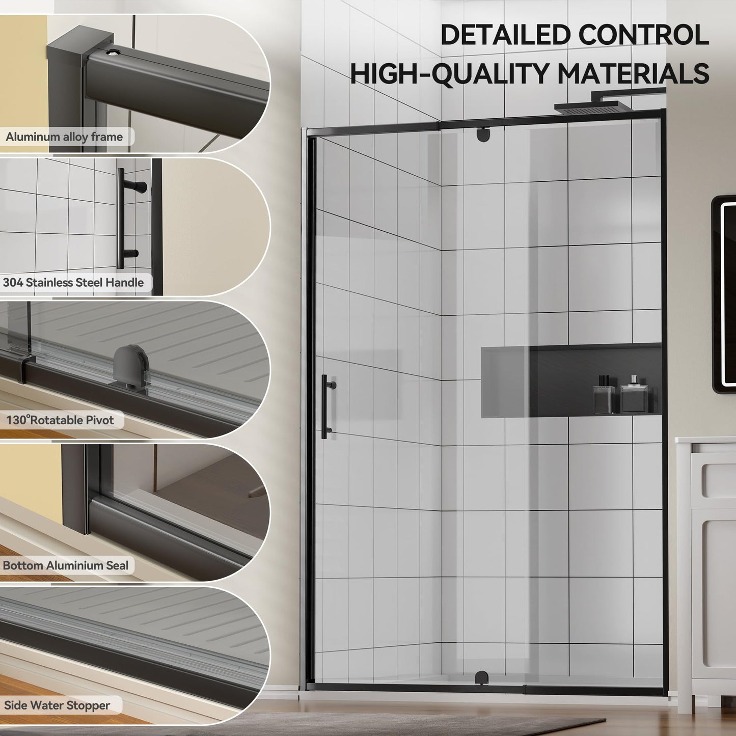 Findepot 44-48" W x 71" H Pivot Glass Shower Door, Pivot Shower Door with 1/4"(6mm) Clear Glass, Matte Black