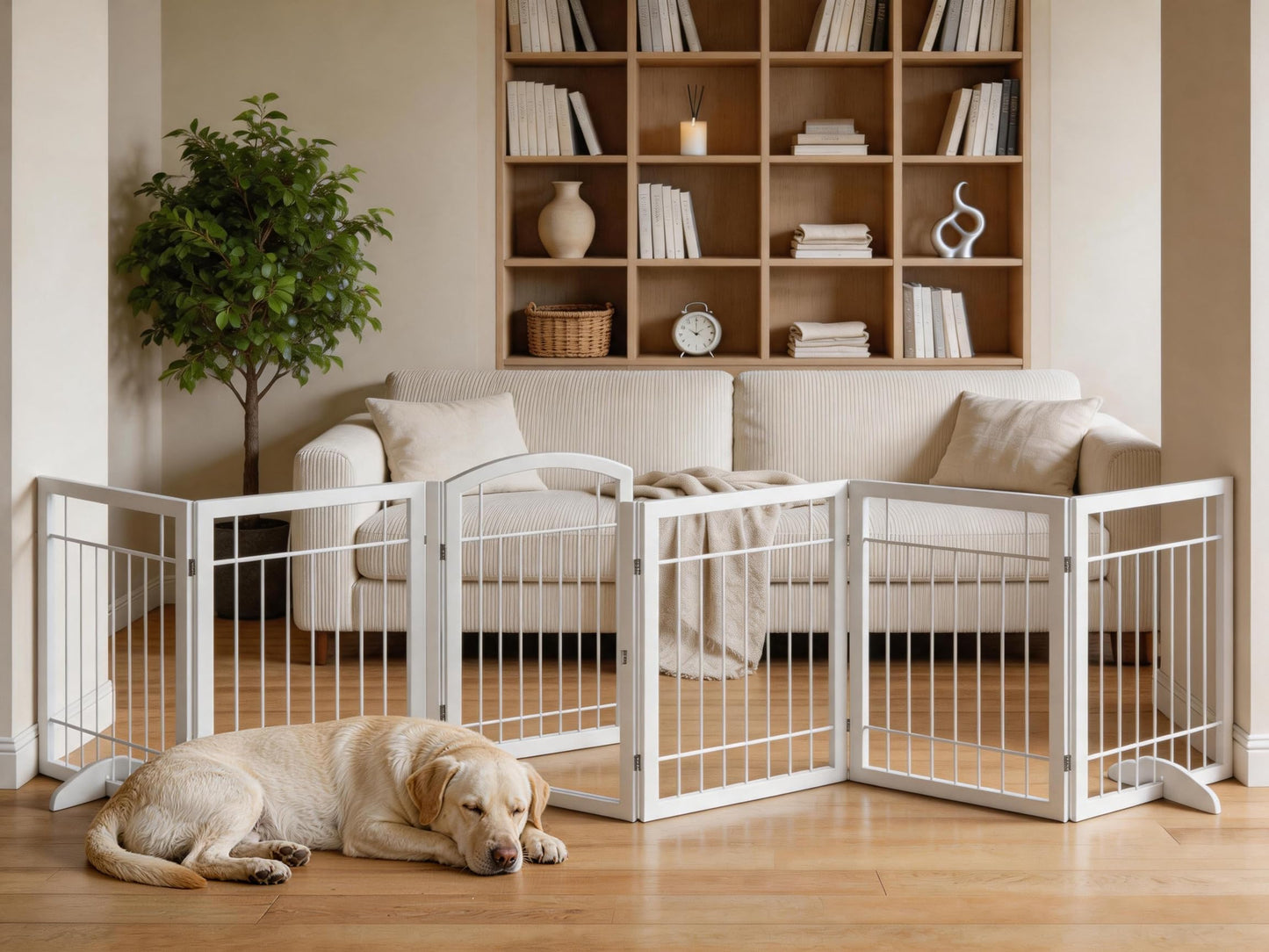 Vantas Folding Pet Gate 144" Wide, 30" Tall No-Assembly Metal Dog Gate with Door Walk Through, Freestanding Wire Pet Puppy Safety Fence, with 2PCS Support - White