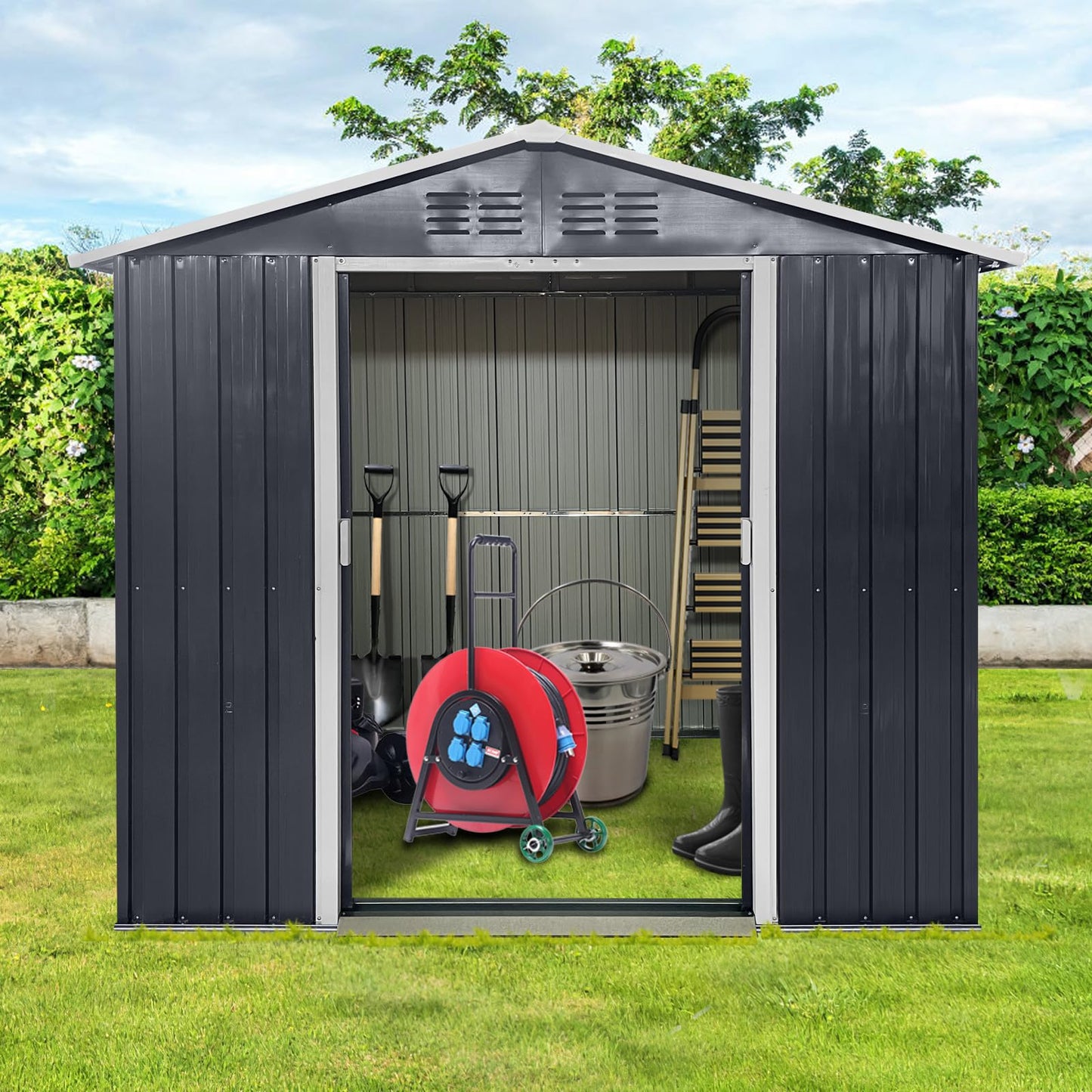 YOPTO 7x4.3 FT Metal Garden Sheds with Window,Outdoor Heavy-Duty Steel Storager Tool Shed W/Sliding Door and Punched Vents,Waterproof Building Organizer for Storing Motorcycle,Bicycles,Grey