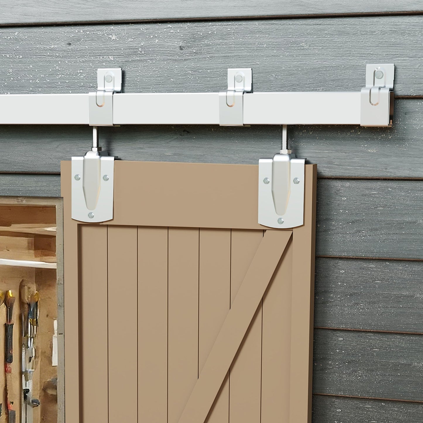 JUBEST 12FT Box Rail Exterior Barn Door Hardware Kit, Heavy-Duty Silver Sliding Barn Door Track System, Wall Mount Door Hardware Kits (Door Not Included)