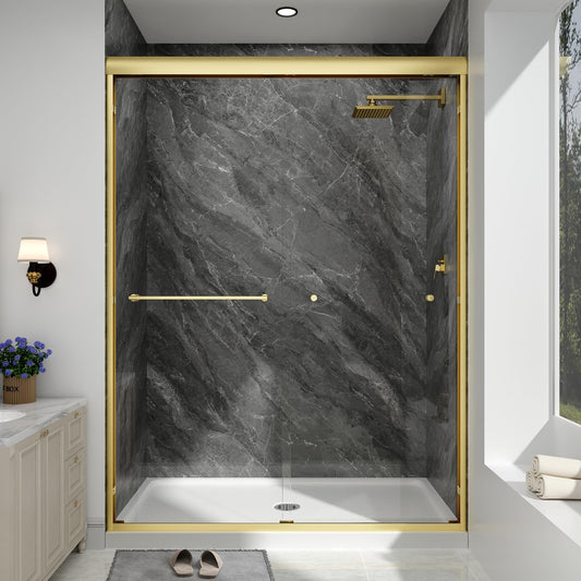 EASYWORC Double Sliding Shower Door, 55"-60" W x 70" H Semi-Frameless Glass Shower Door, 1/4'' (6mm) Clear SGCC Tempered Glass with Explosion-Proof Film and Nano Coating, Brushed Gold