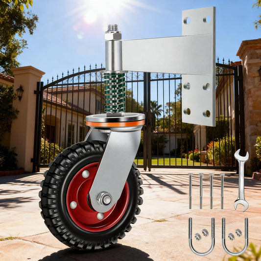 6 Inch Heavy Duty Gate Wheel, Spring Loaded 600 Lbs Capacity Gate Support Roller with 360° Swivel for Wooden Gate, Metal Tube Gate, Farm Gate & Driveway Gate, U-Bolt & Drill Mount Kit Included, 1 Pack