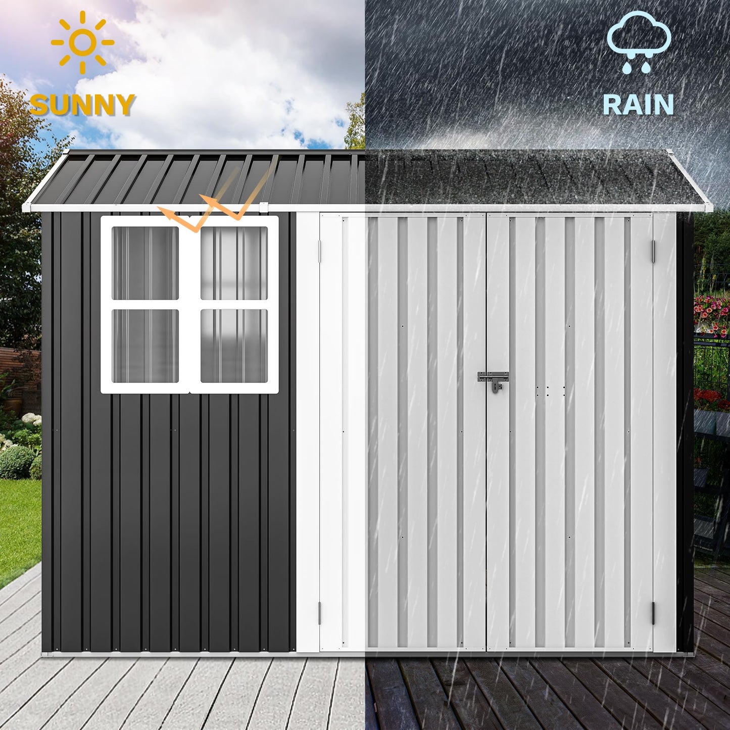 DWVO 8x6ft Large Tool Storage Shed with Window, Lockable Doors, and Sloped Roof, Oversized Steel Outdoor Storage Shed for Garden, Patio, Garage, Backyard, Lawn - Gray & White