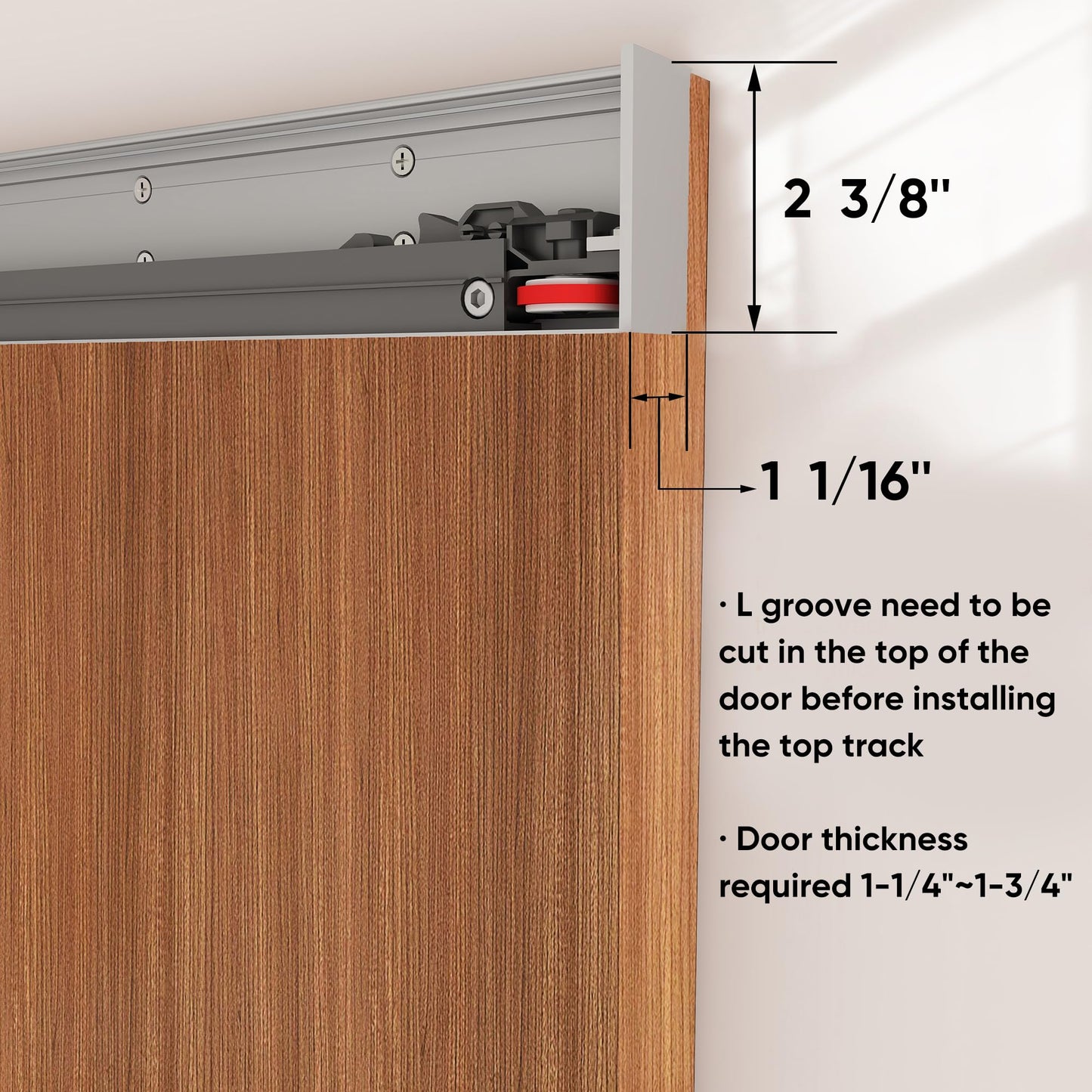 JUBEST 42" Concealed Barn Door Hardware Kit with Soft Close Mechanism, Wall Mounted Invisible Sliding Door Track for Opening Width 34" to 38", Hidden Barn Door Hardware Kit, Door Needs Groove