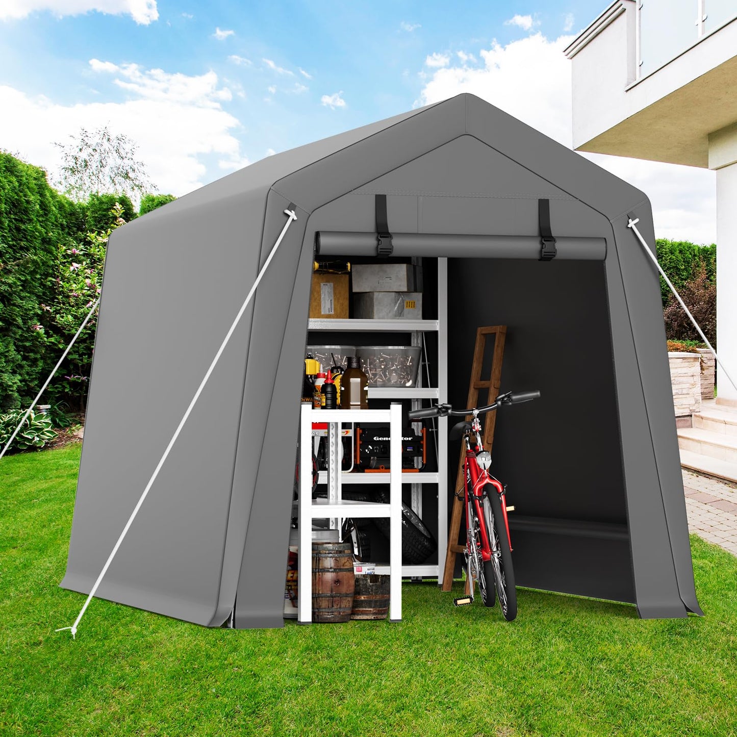 GAOMON 6'x6' Outdoor Portable Garage, Waterproof & UV-Resistant Storage Shed with 2 Roll-Up Doors, Carport Tent for Motorcycle, Bike, and Tools, Gray