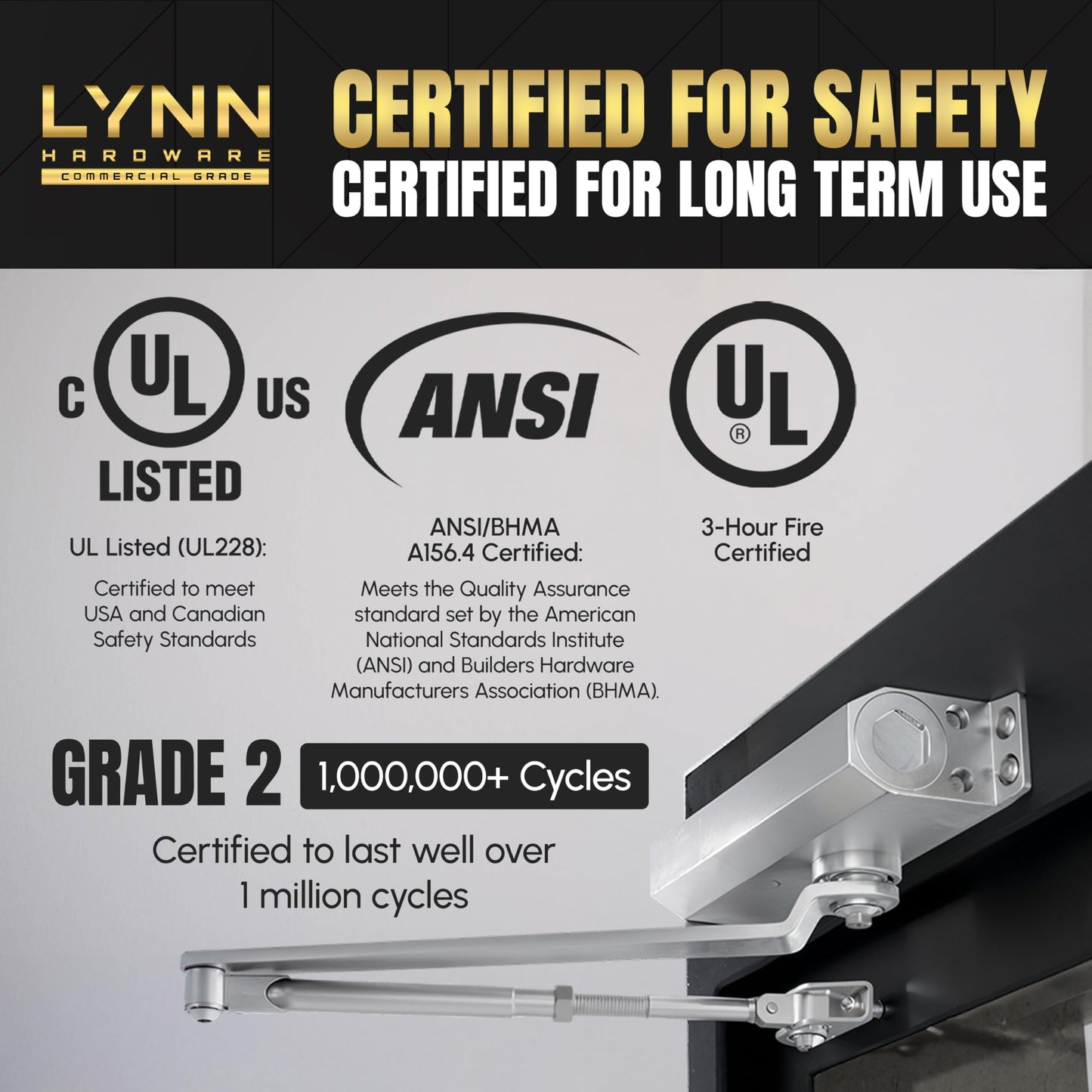 LYNN HARDWARE Medium Duty Automatic Door Closer (Silver) - Highly Durable Cast Aluminum, Commercial or Home Use, Adjustable Speed Controls, 3 Mounting Options, 3 Hour Fire Rated (DC6003 Model)