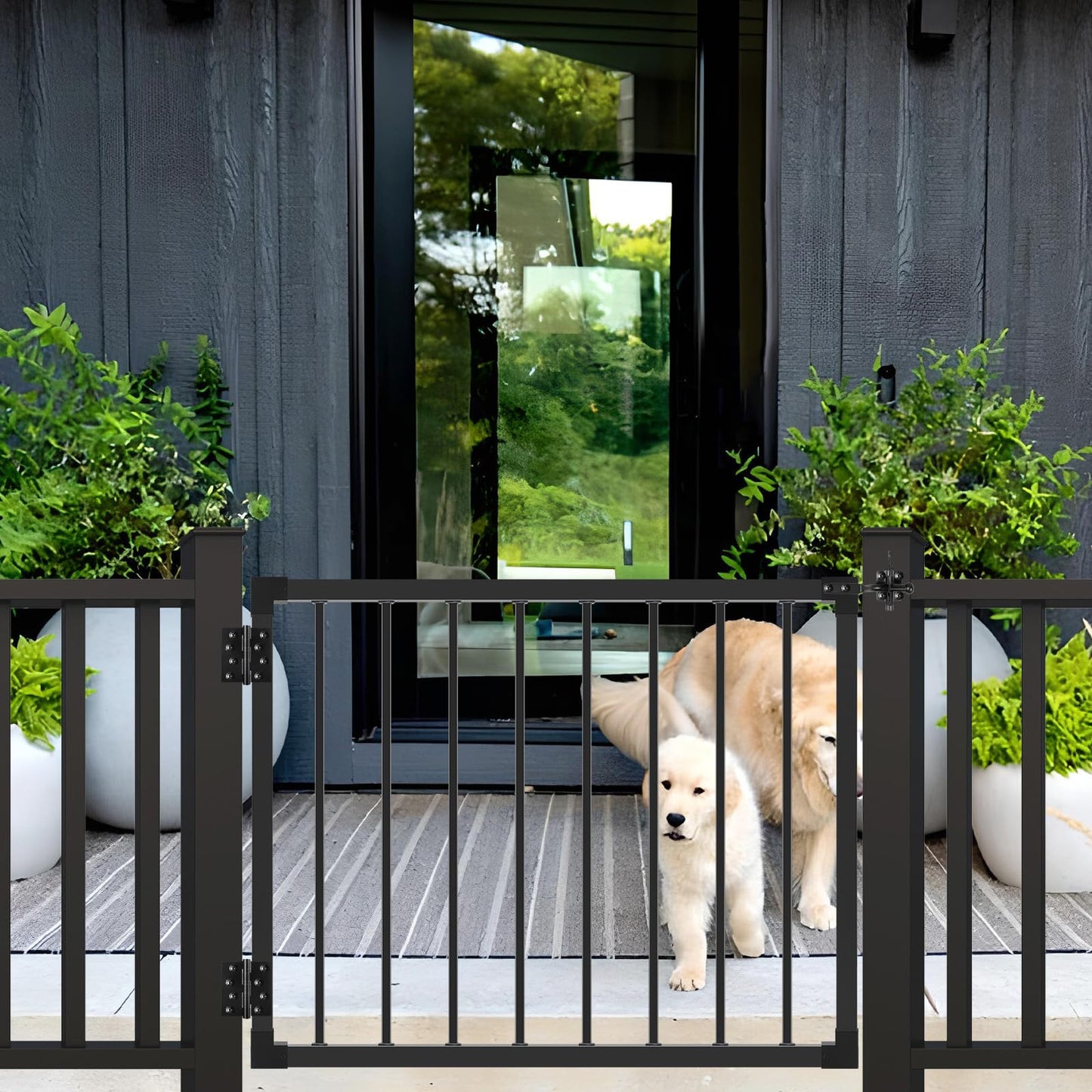 SunCrafts Deck Fence Gate Outdoor, 32″ Gate for 36″ Deck, Black Heavy Duty Steel Anti-Rust Door with Cuttable Width (Up to 48"), Metal Gate for Residential, Yard, Patio, Hinges and Latch Included