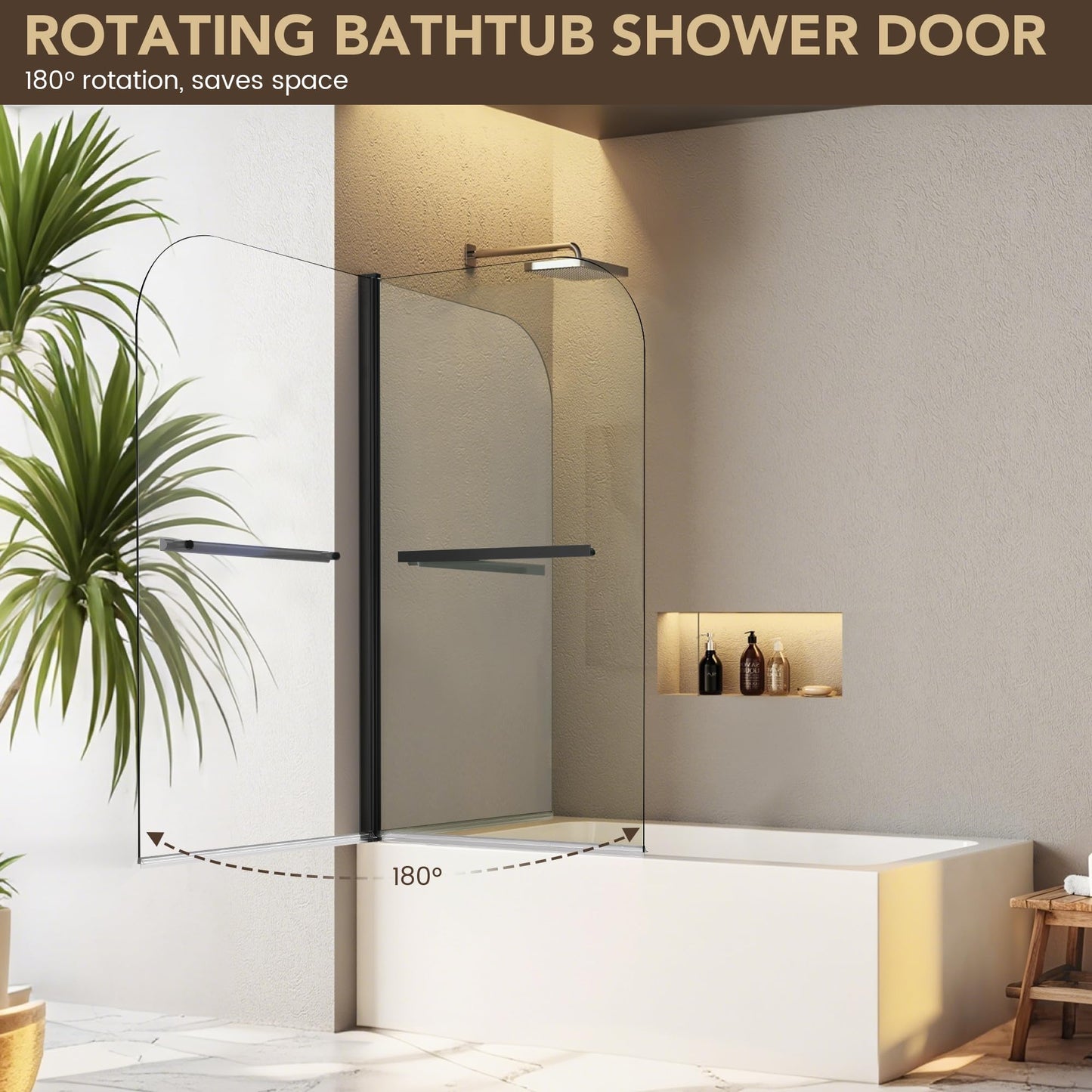 Bathtub Shower Door, 34" W x 58" H Hinged Bathtub Glass Door Semi-Frameless Bypass 1/4"(6mm) Tempered Glass Shower Door with Explosion-Proof Film Stainless Steel Matte Black