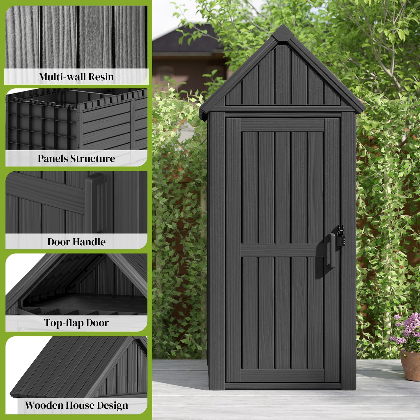 Fancyango Outdoor Resin Storage Shed, Upgrade Sturdy Storage Cabinet with Removable Shelves and Lock Ring, Reinforced Floor, All-Weather Construction for Garden Patio Lawn (Black) (Black)