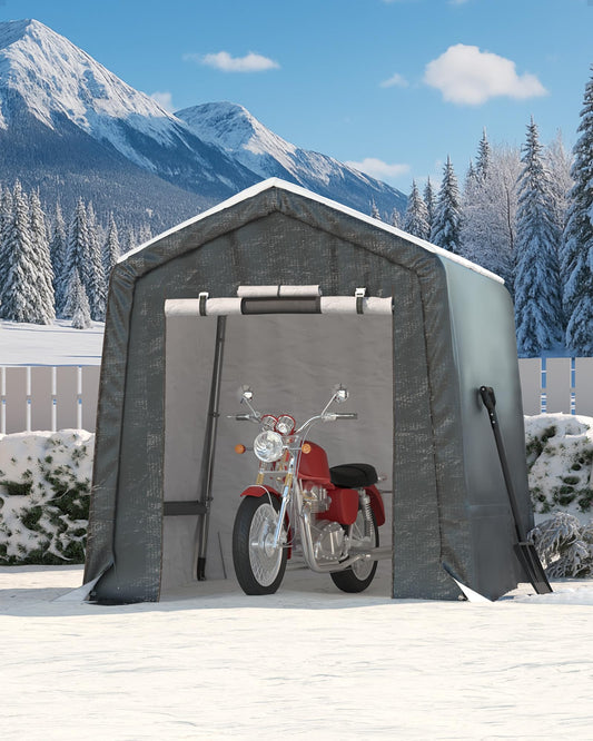 GarveeLife Outdoor Portable Storage Shed with Roll-Up Door & Vent, 240G Heavy-Duty Shelter Waterproof PE Tarp, UV-Resistant Storage Sheds for Motorcycle, Firewood, Garden and Tools (Gray, 6'x8')