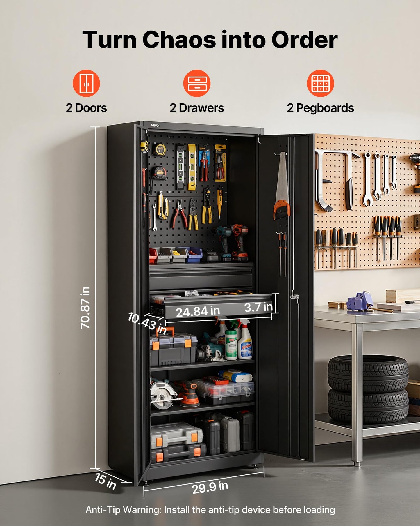VEVOR Metal Storage Cabinet, 180 lbs Shelf Load Capacity, 70.87" Tall Garage Tool Storage Cabinet with 2 Locking Doors, Adjustable Shelves, 2 Drawers, Pegboard, for Garage, Home, Office, Utility Room