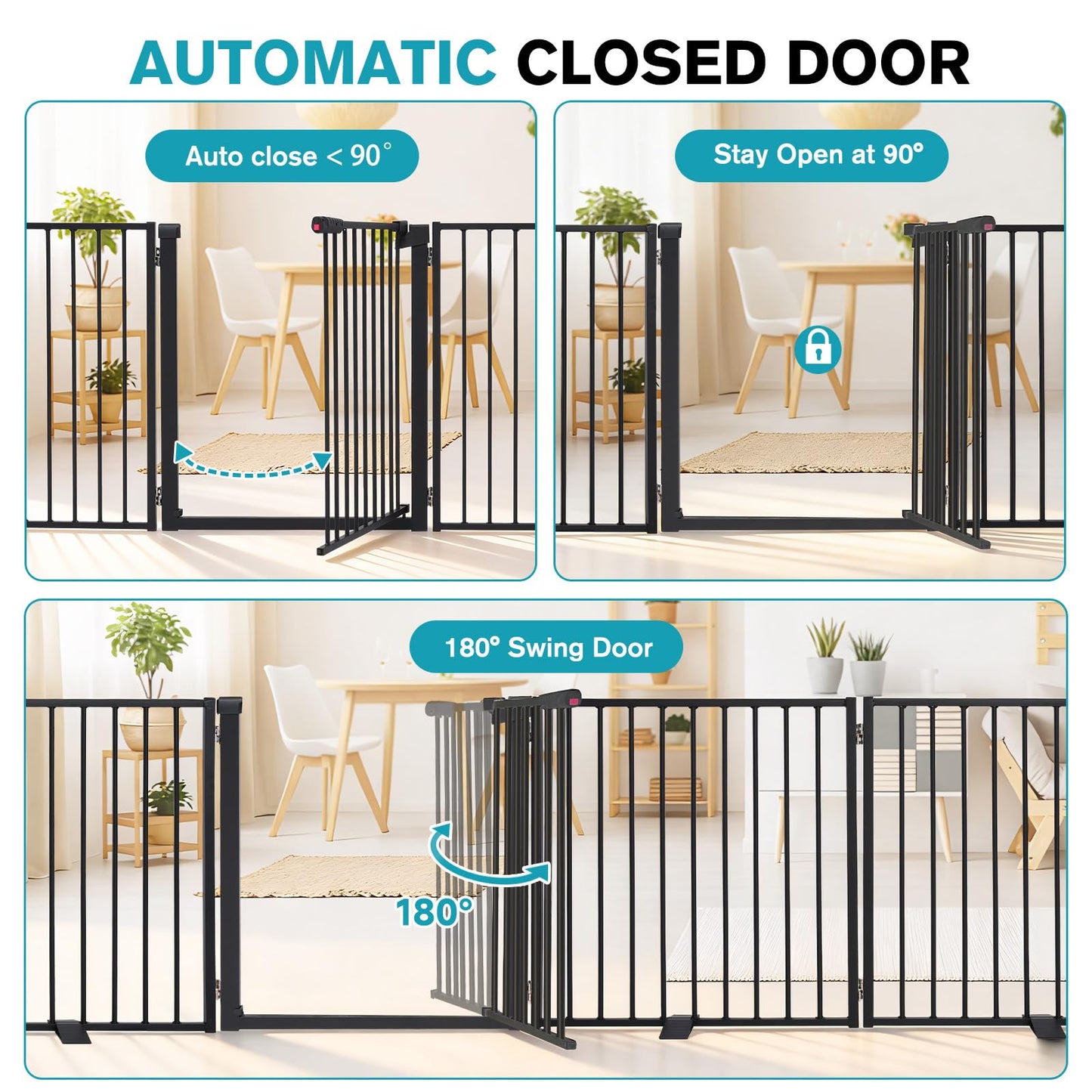 Snagle Paw Extra Wide Dog Gate,Free Standing Dog Fence with Door, Up to 104 Inch Wide Pet Gate with Support Feet for Stairs, Hallways, Doorways, Yard (Black, 4 Panels)